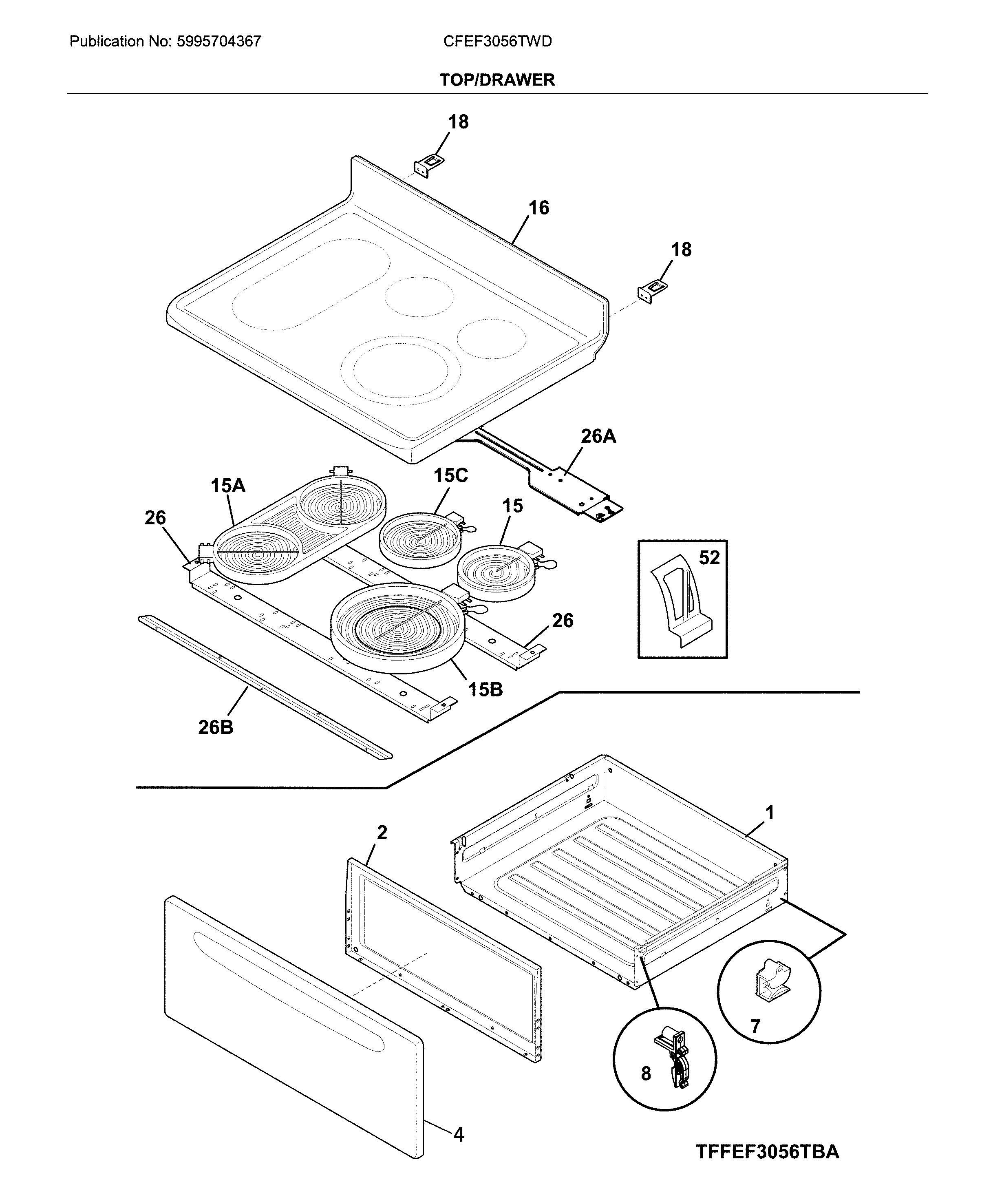 Frigidaire CFEF3056TWD top/drawer diagram