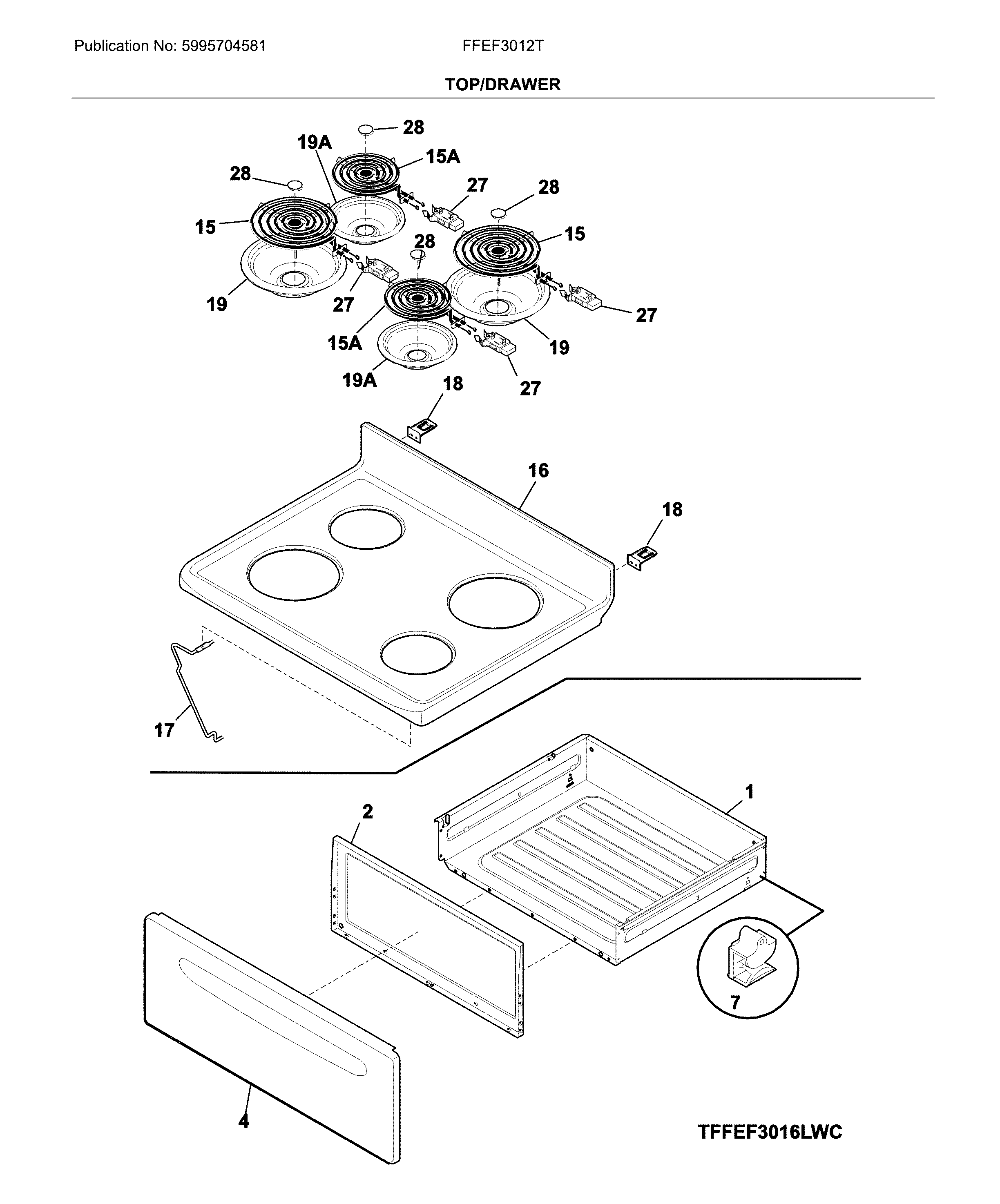 Frigidaire FFEF3012TWC top/drawer diagram