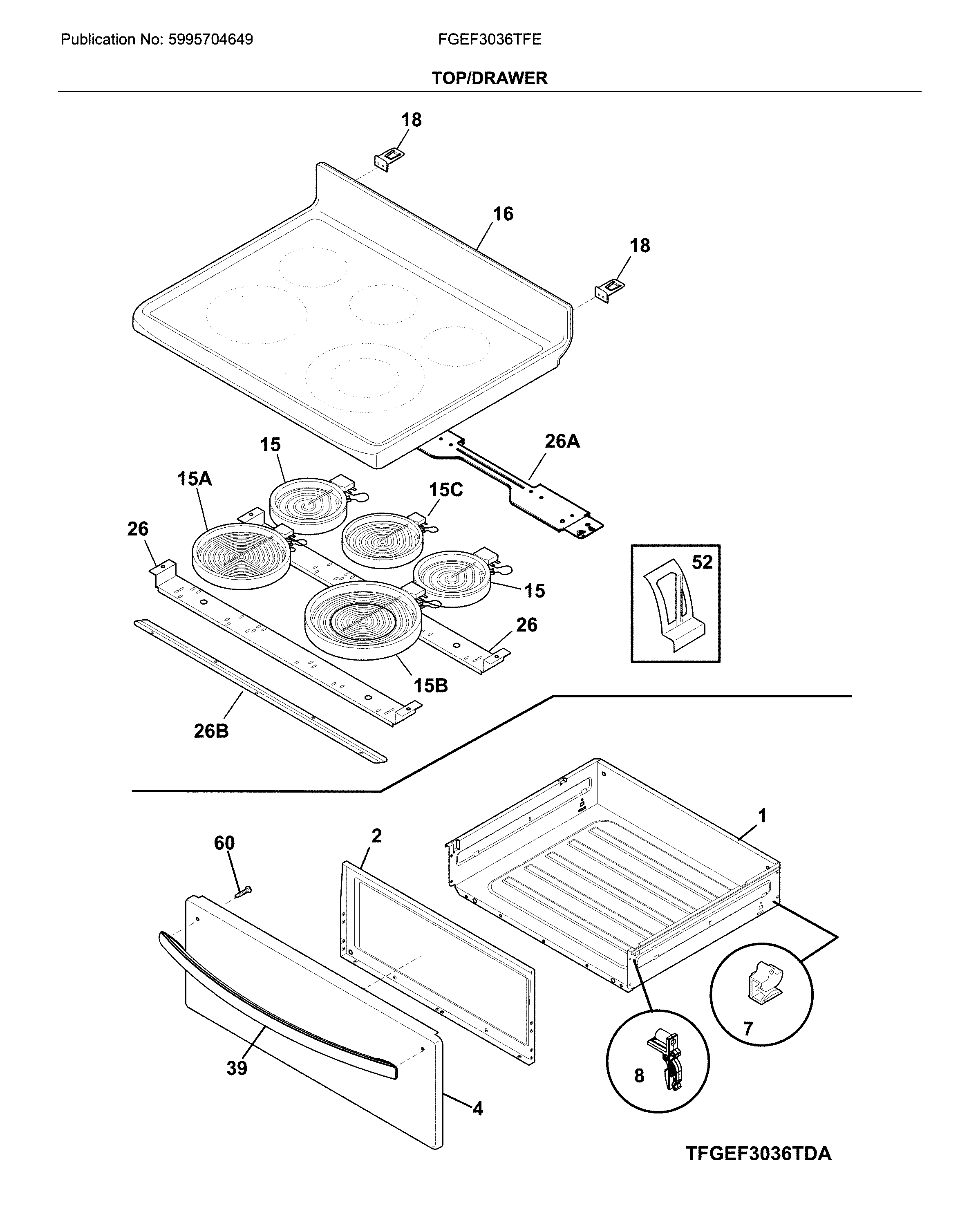Frigidaire FGEF3036TFE top/drawer diagram