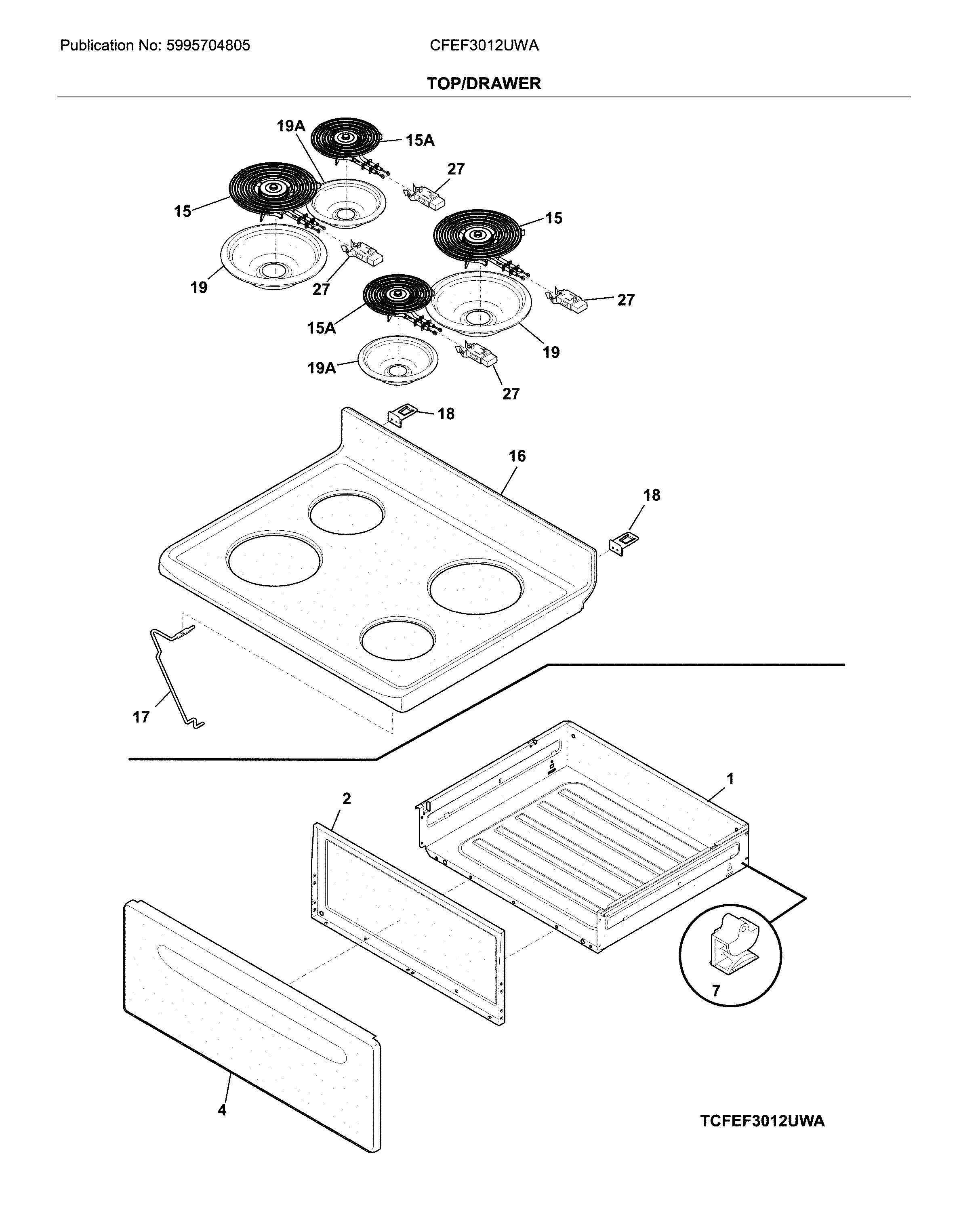 Frigidaire CFEF3012UWA top/drawer diagram