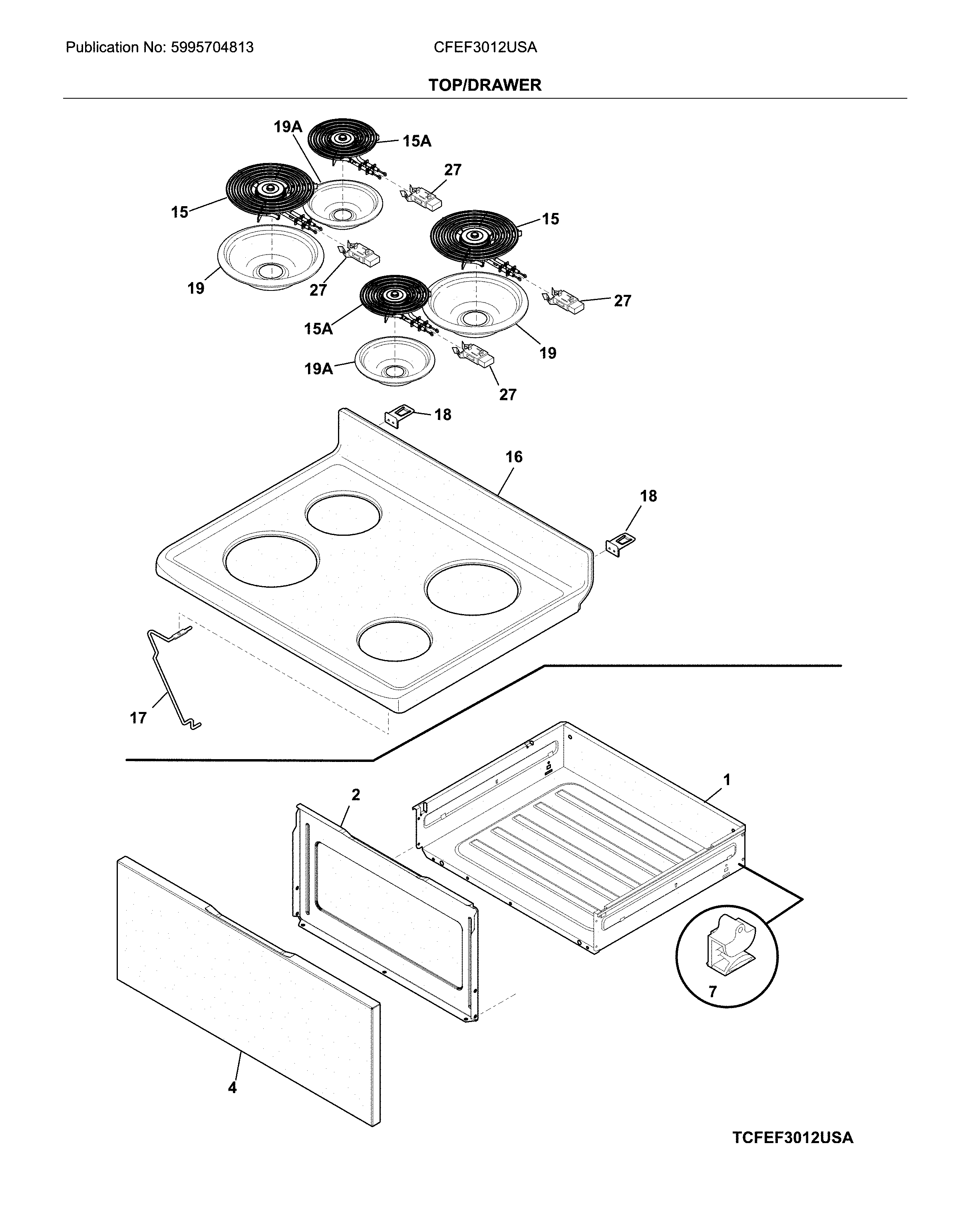 Frigidaire CFEF3012USA top/drawer diagram