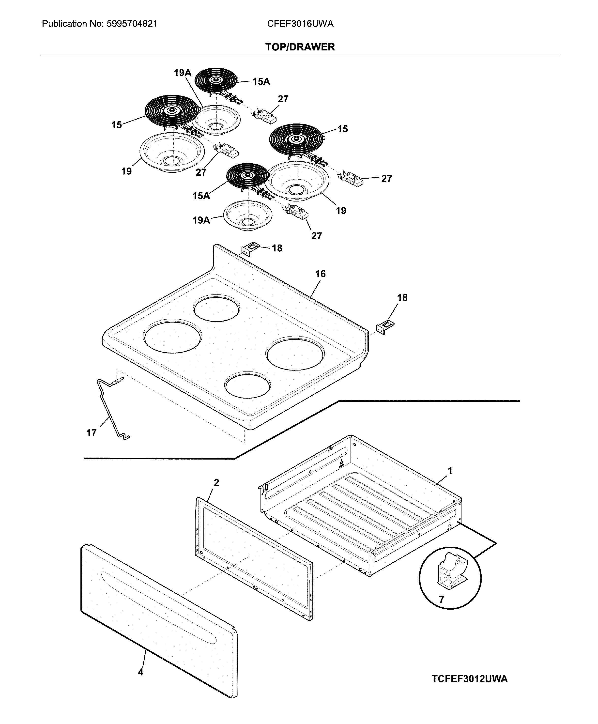 Frigidaire CFEF3016UWA top/drawer diagram