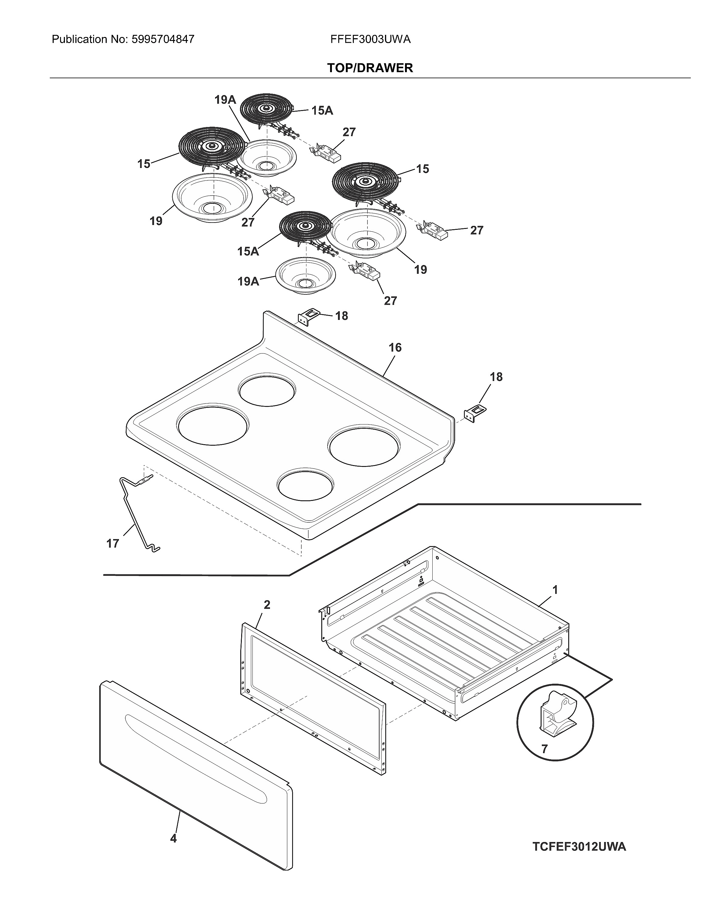 Frigidaire FFEF3003UWA top/drawer diagram