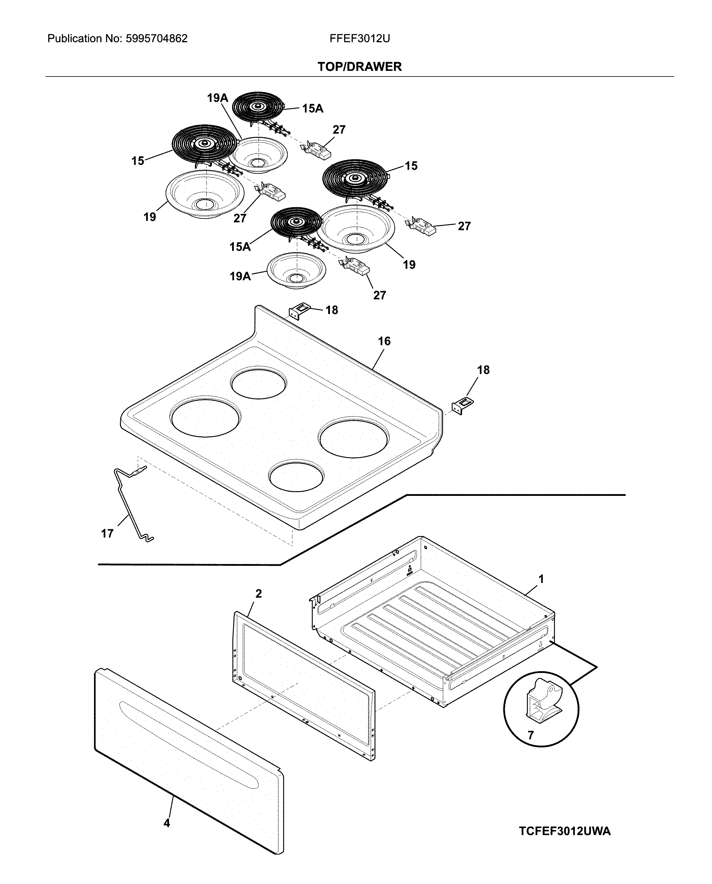 Frigidaire FFEF3012UBA top/drawer diagram