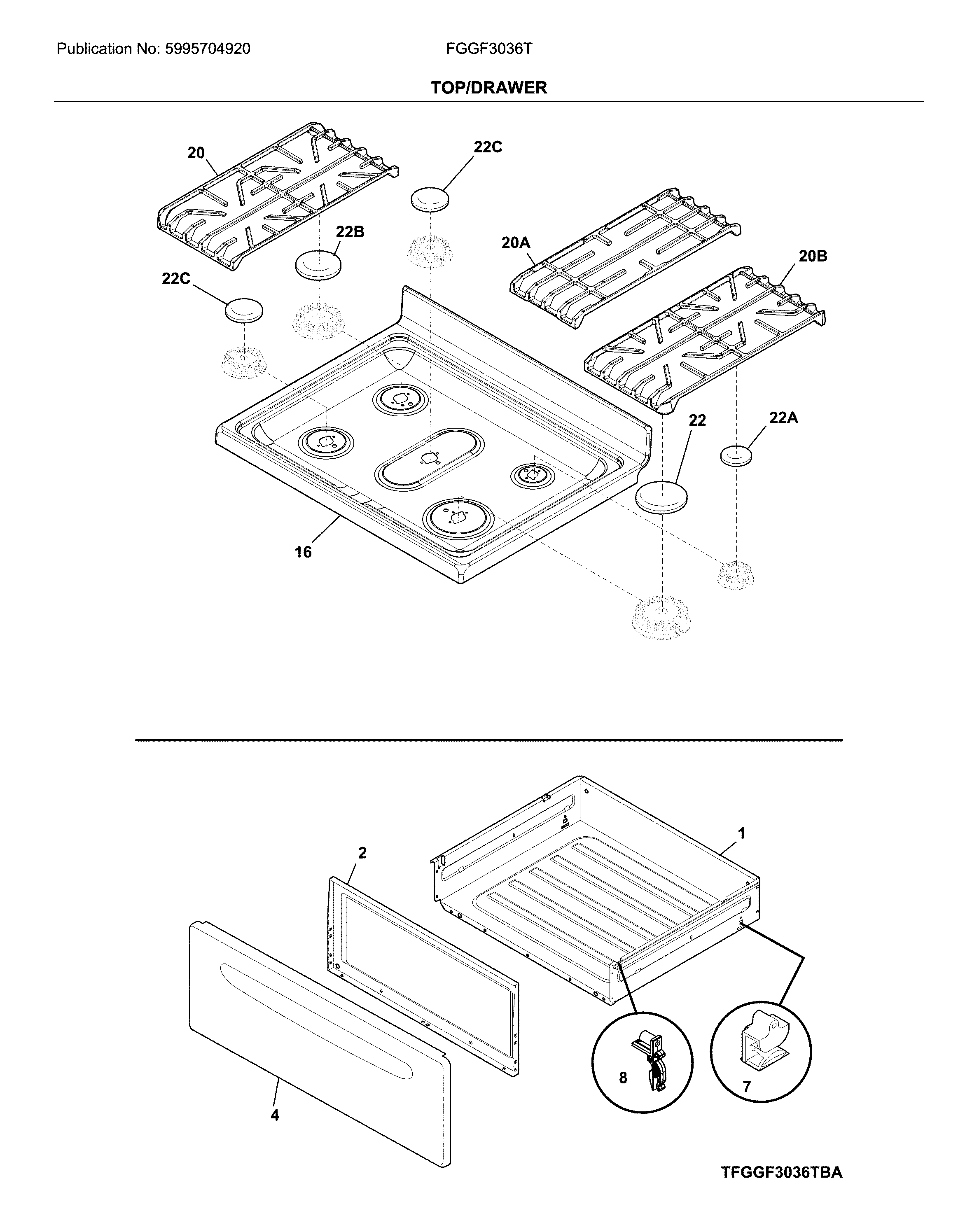 Frigidaire FGGF3036TBB top/drawer diagram