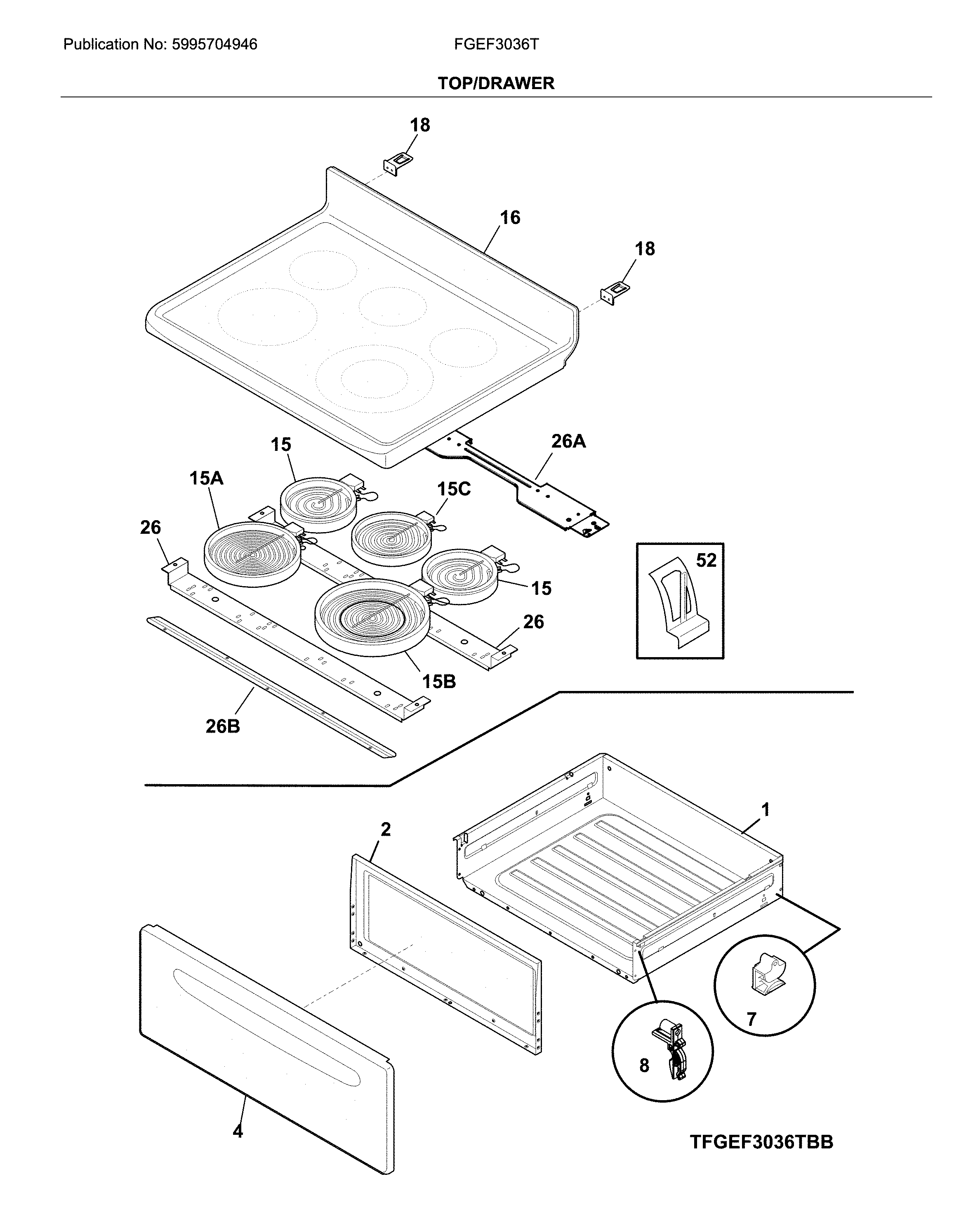Frigidaire FGEF3036TWE top/drawer diagram