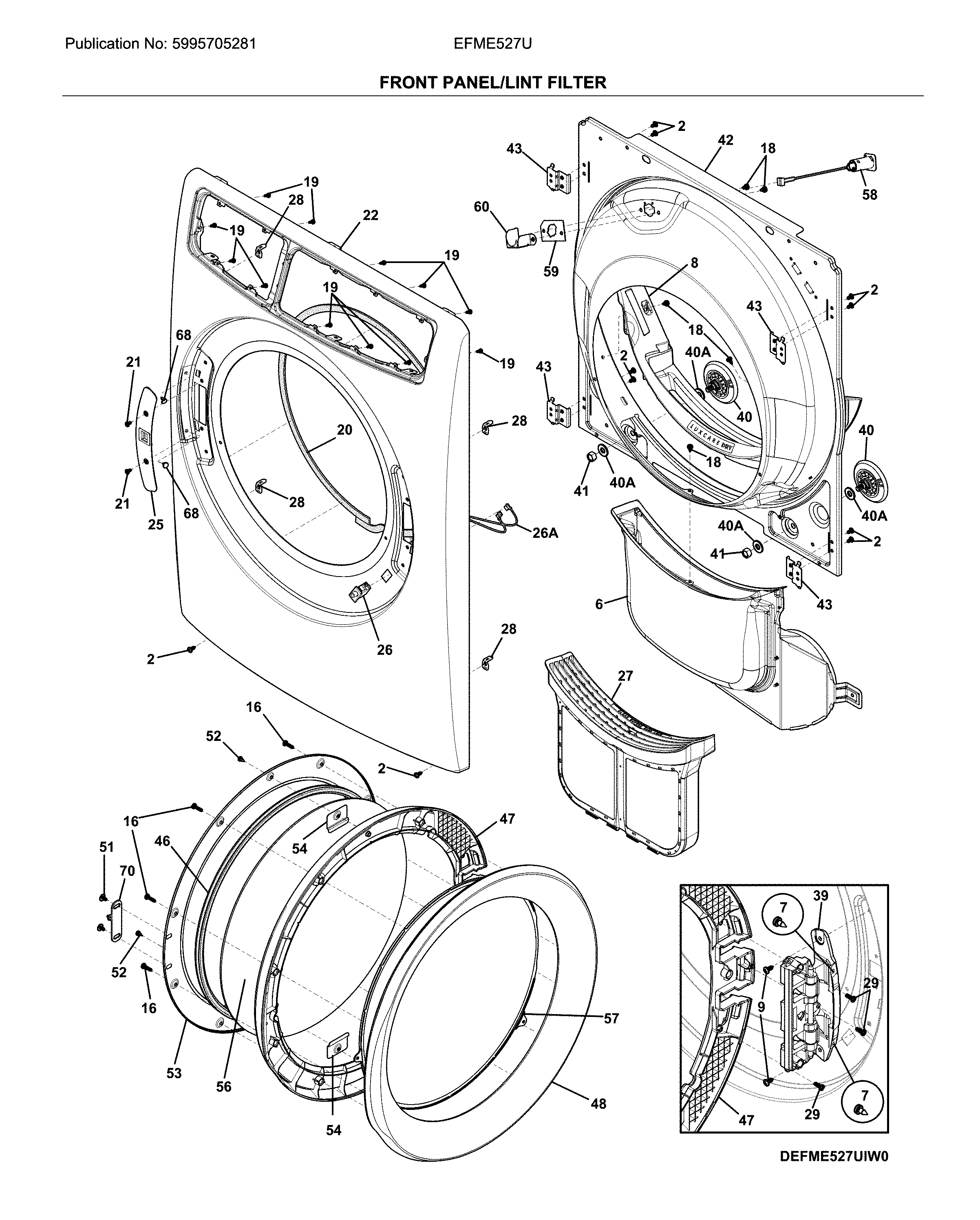 Electrolux EFME527UTT0 front panel/lint filter diagram
