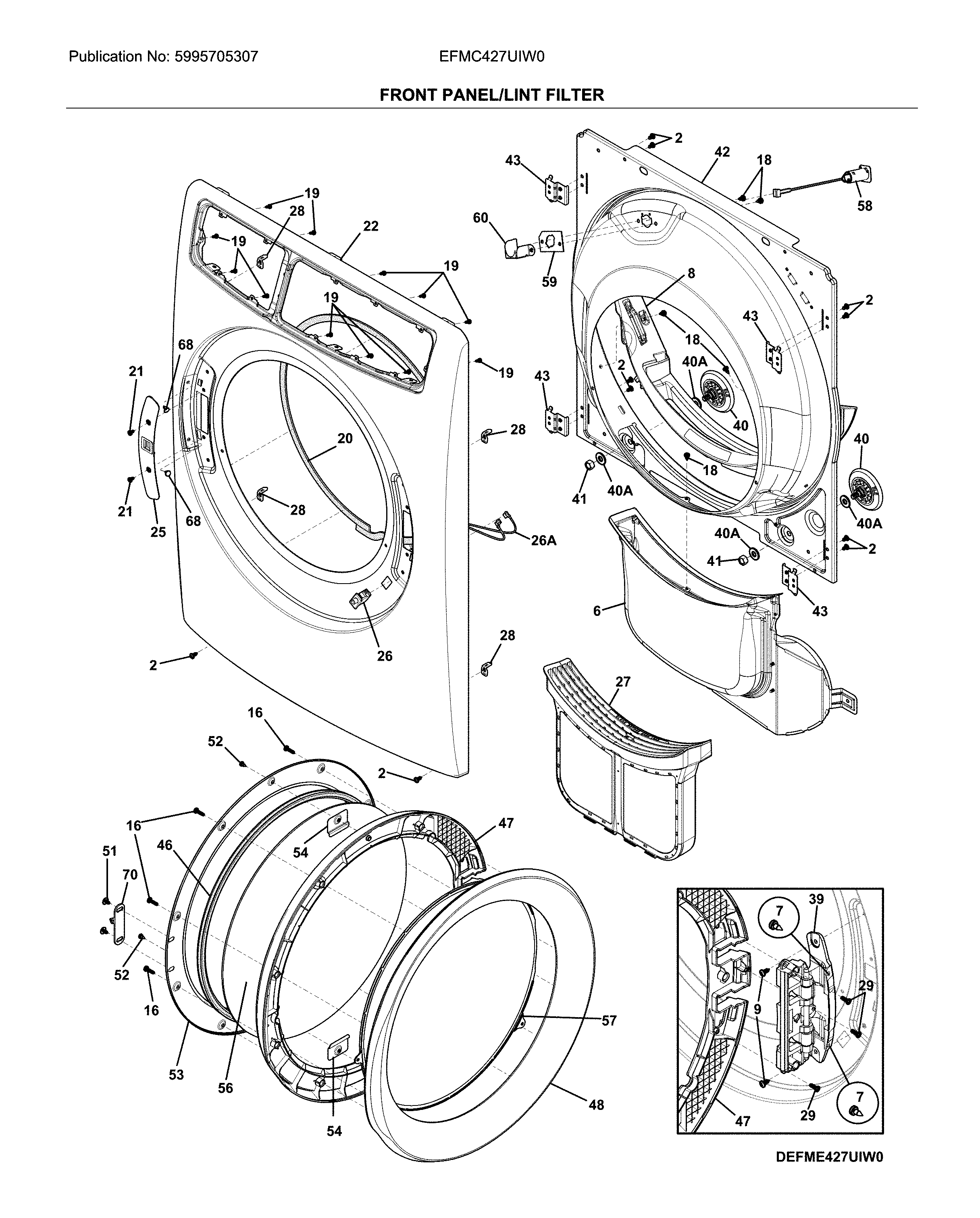 Electrolux EFMC427UIW0 front panel/lint filter diagram