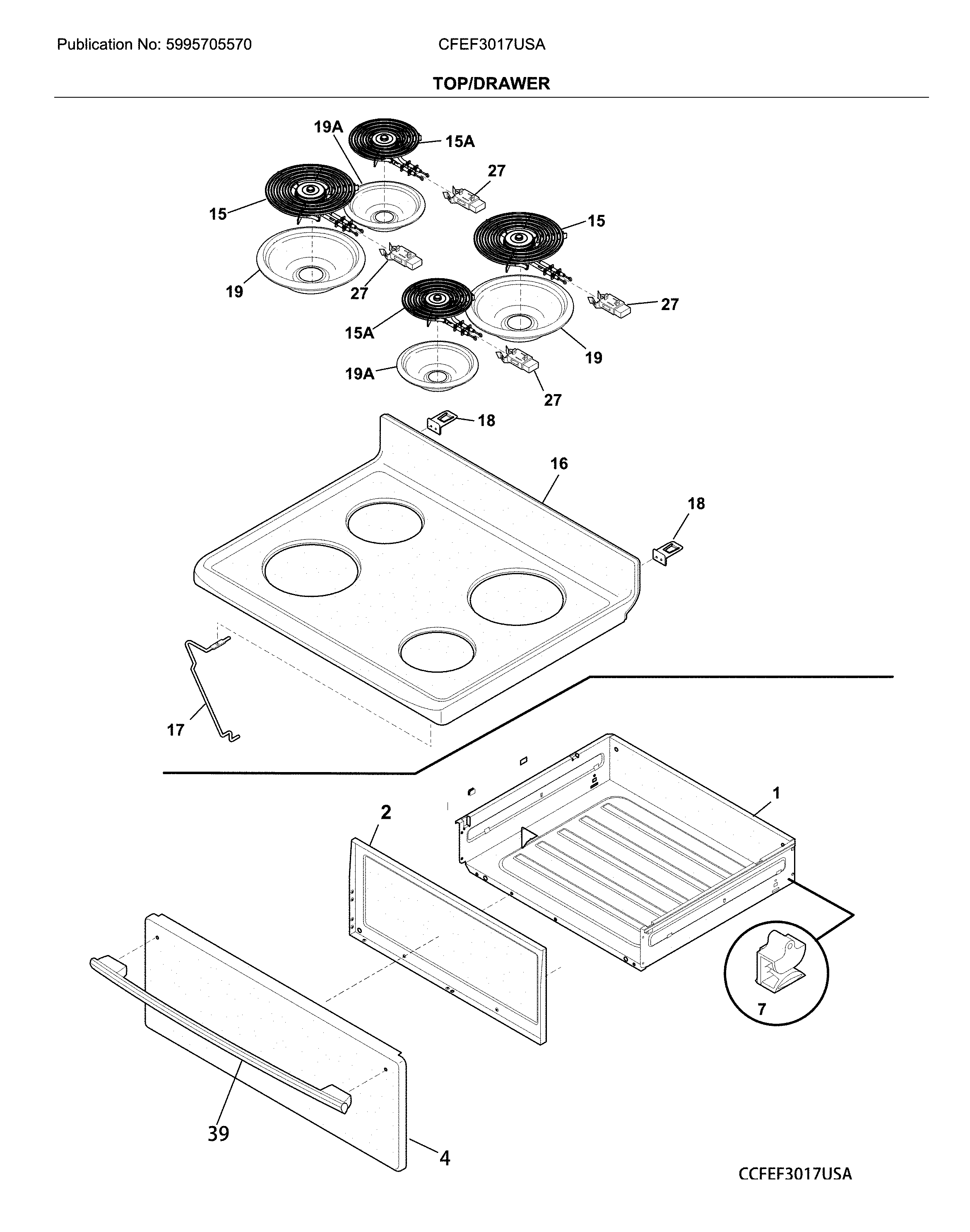 Frigidaire CFEF3017USA top/drawer diagram