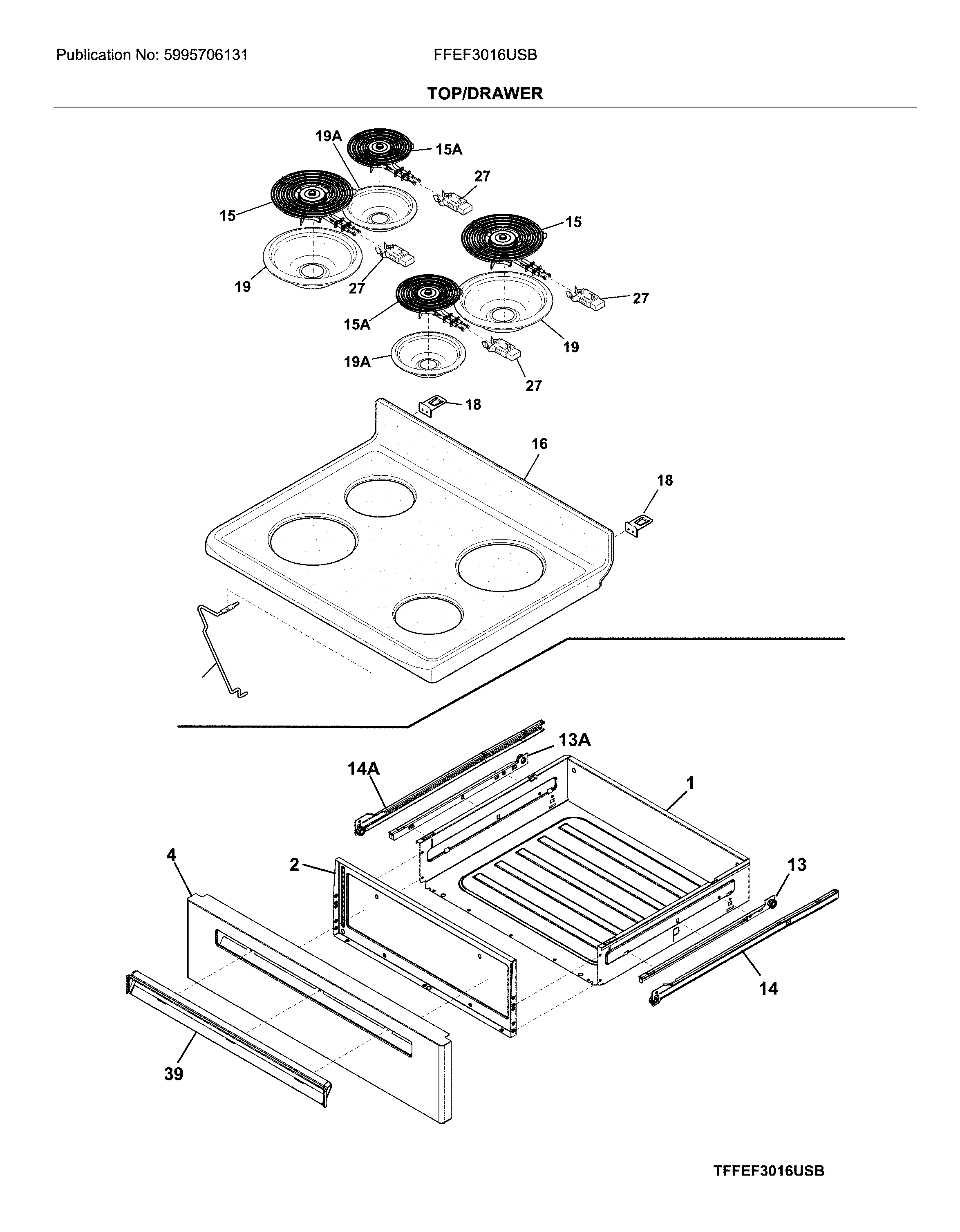 Frigidaire FFEF3016USB top/drawer diagram