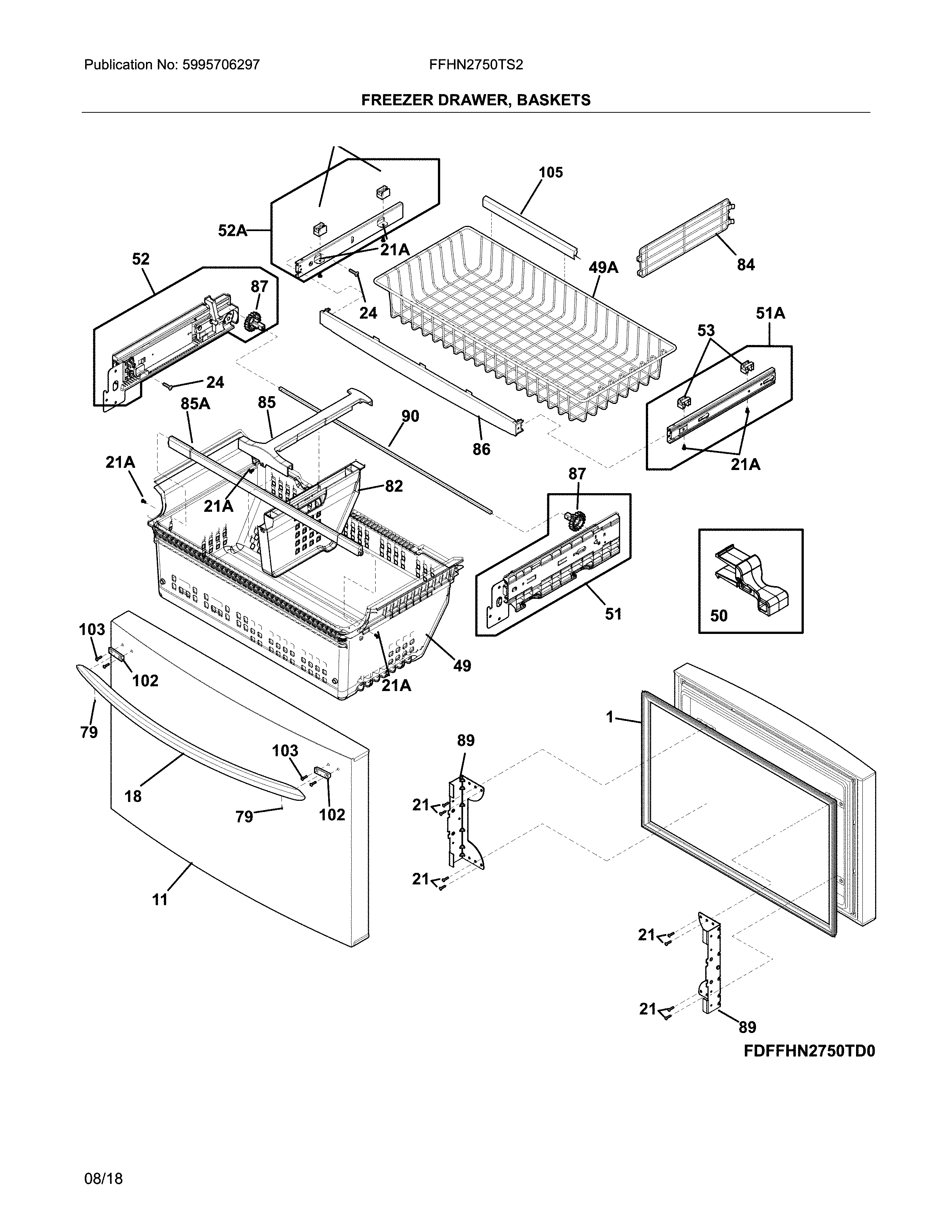Frigidaire FFHN2750TS2 freezer drawer, baskets diagram