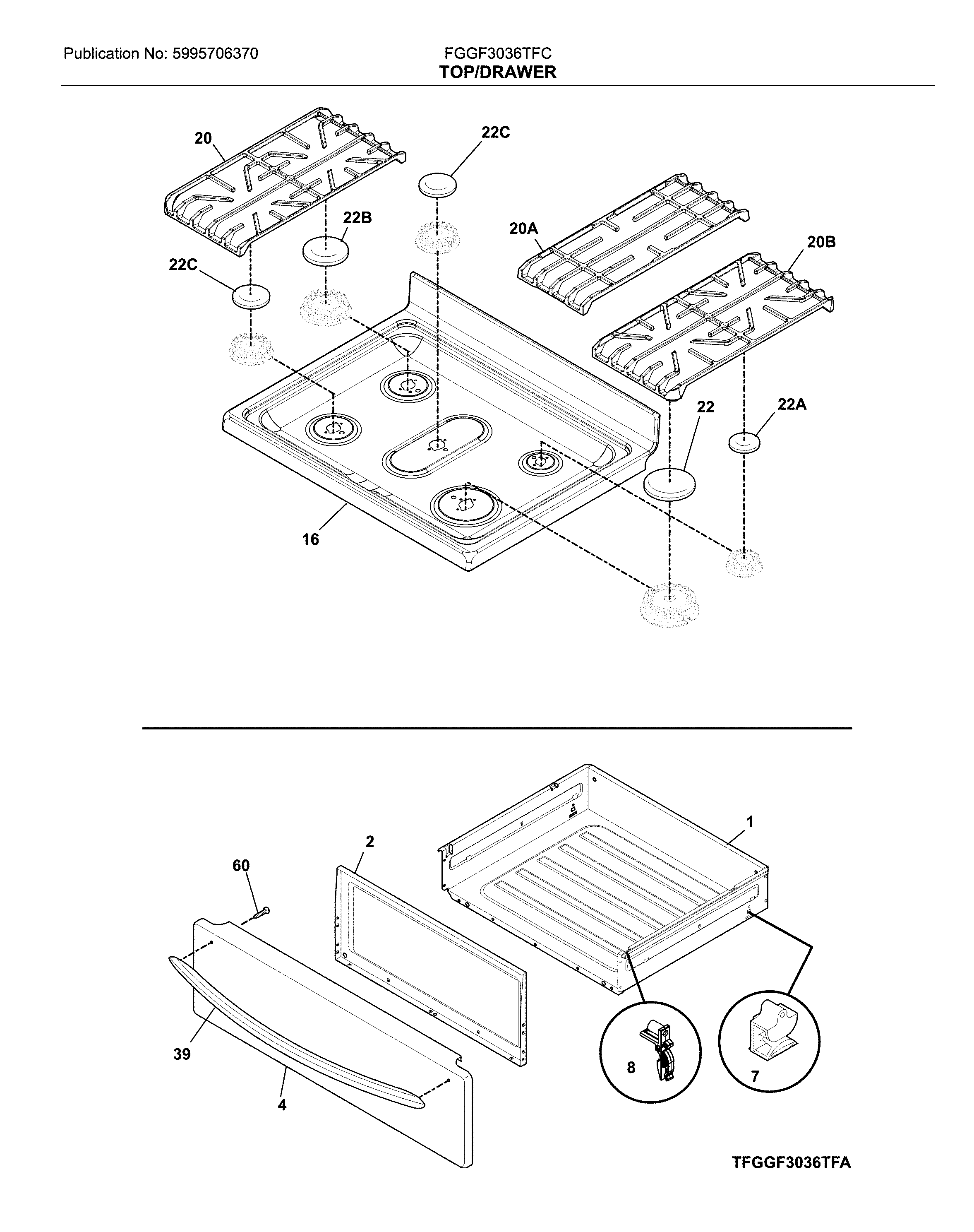 Frigidaire FGGF3036TFC top/drawer diagram