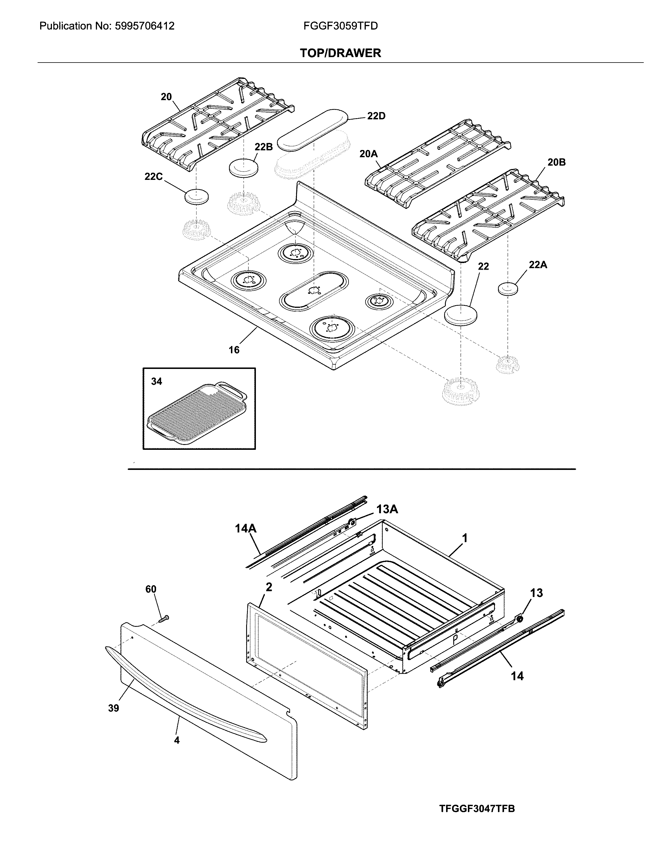 Frigidaire FGGF3059TFD top/drawer diagram