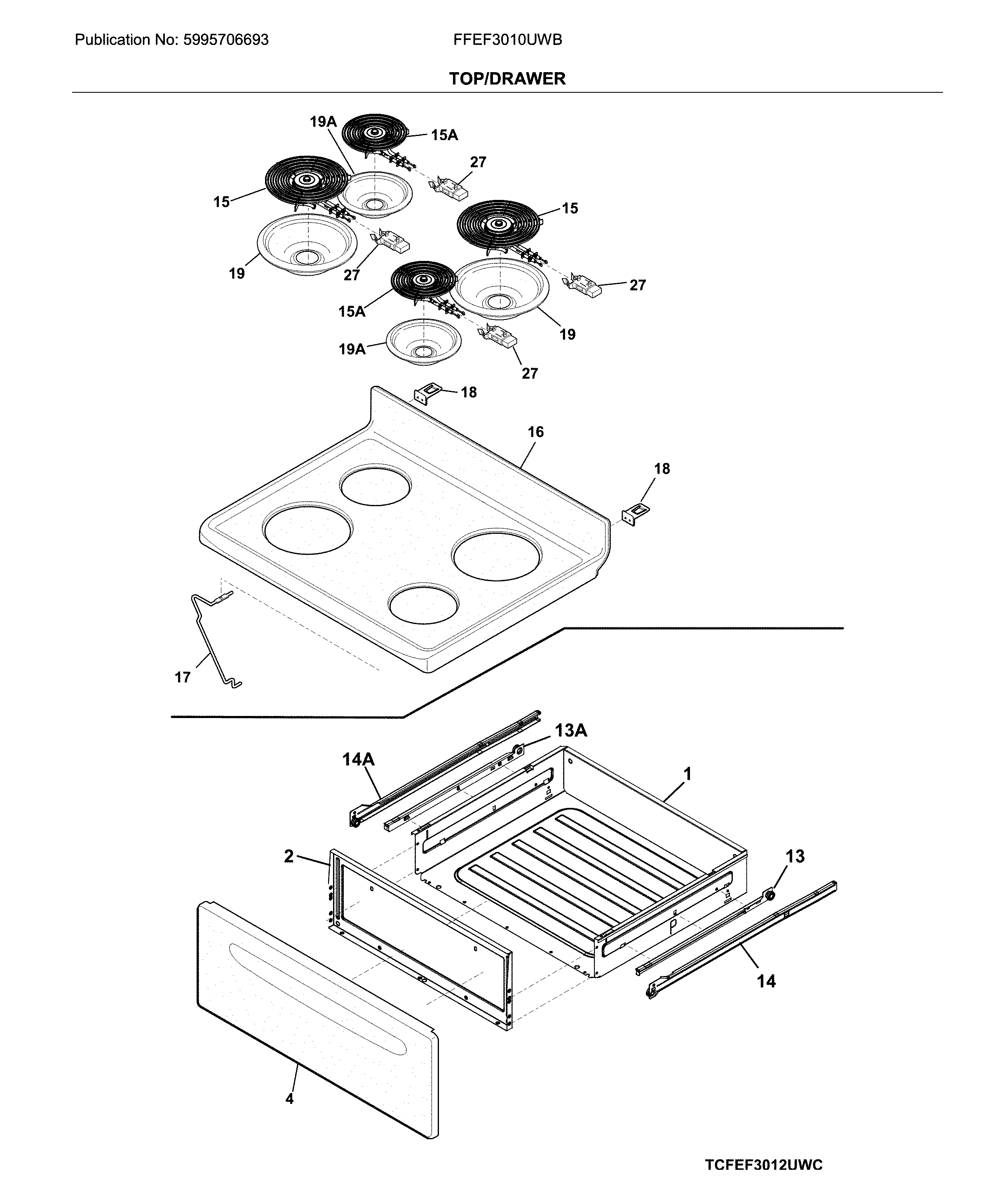 Frigidaire FFEF3010UWB top/drawer diagram