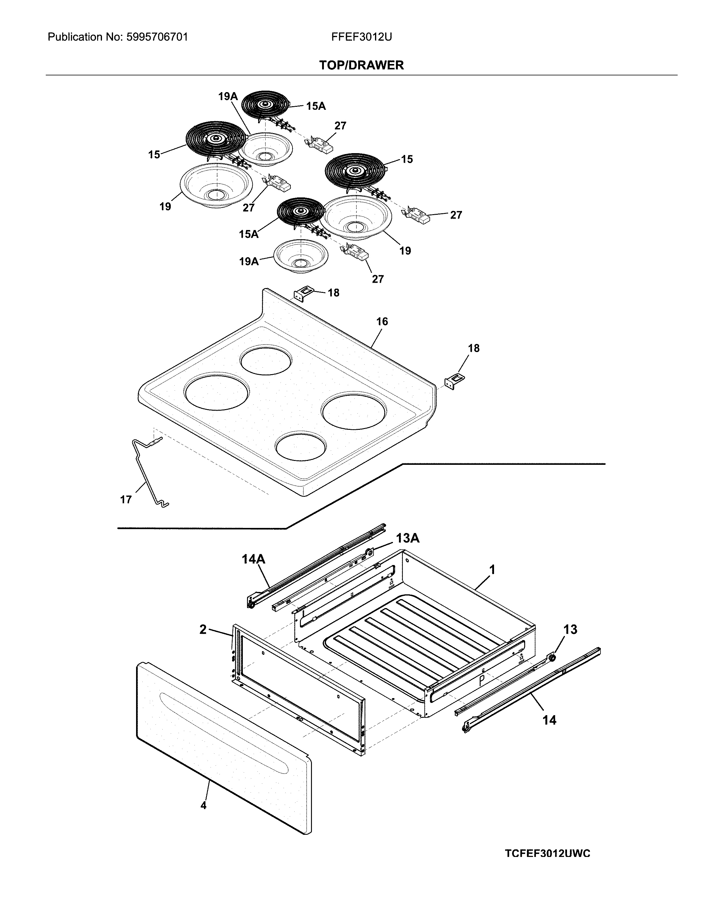 Frigidaire FFEF3012UBB top/drawer diagram