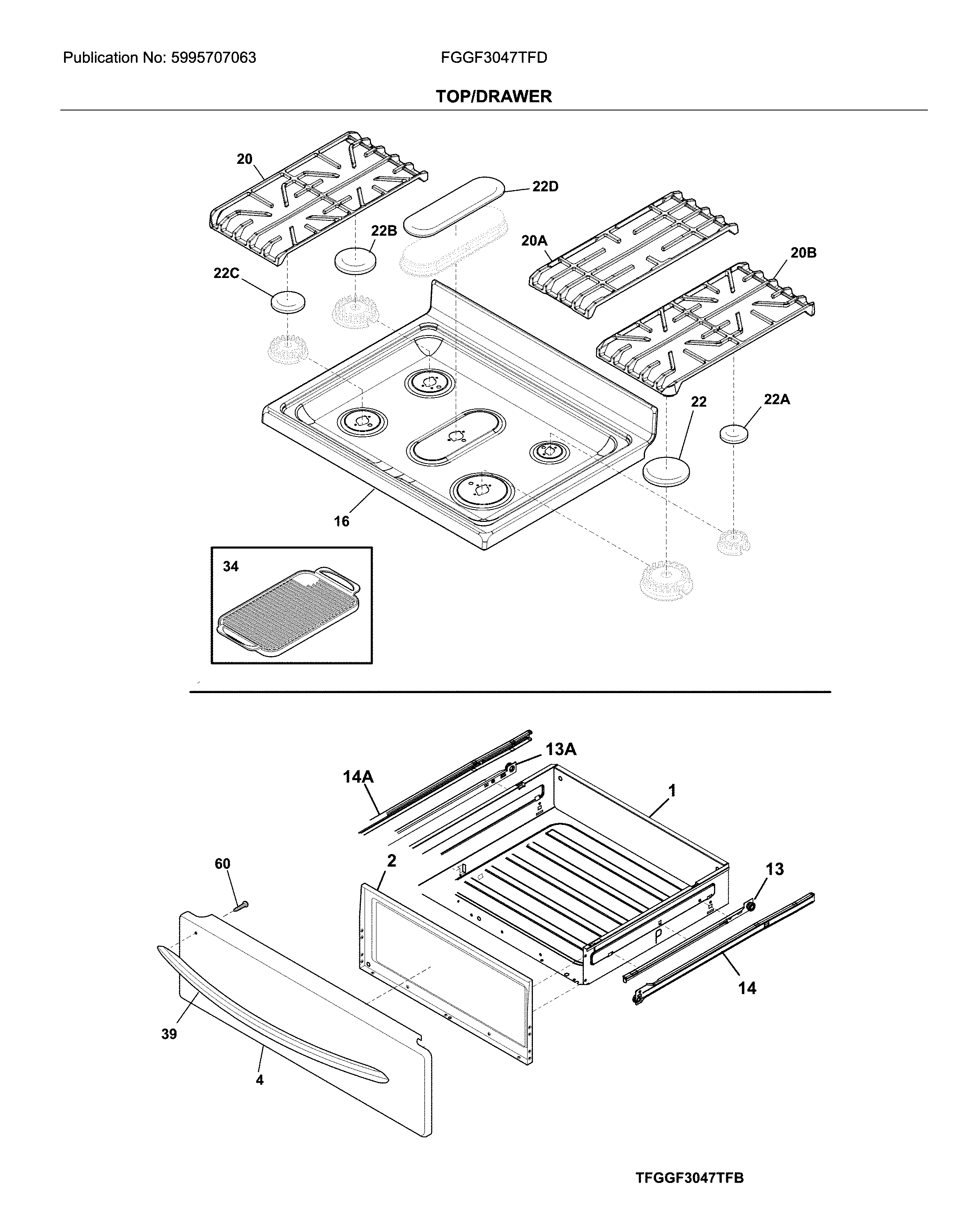 Frigidaire FGGF3047TFD top/drawer diagram