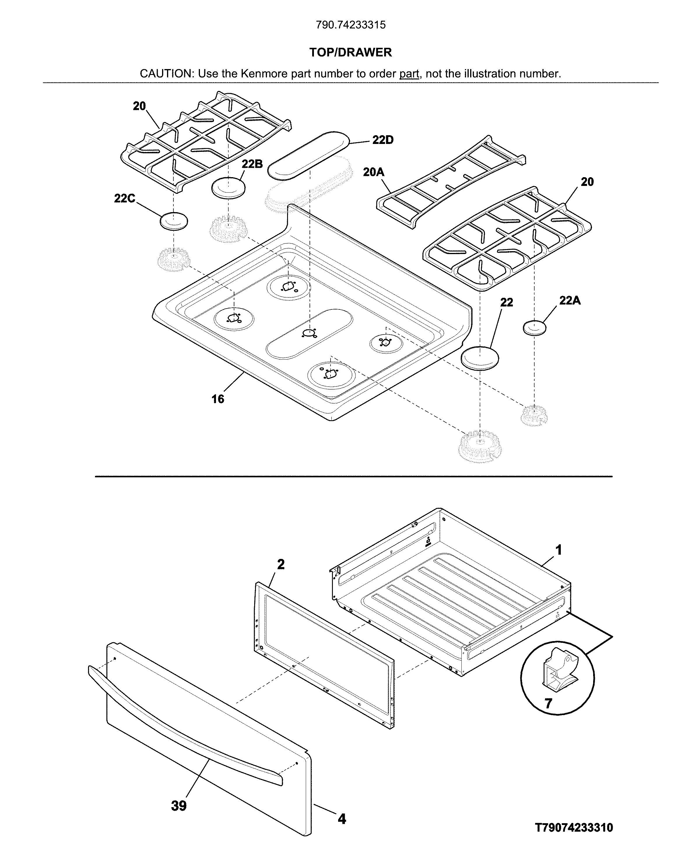 Kenmore 79074233315 top/drawer diagram