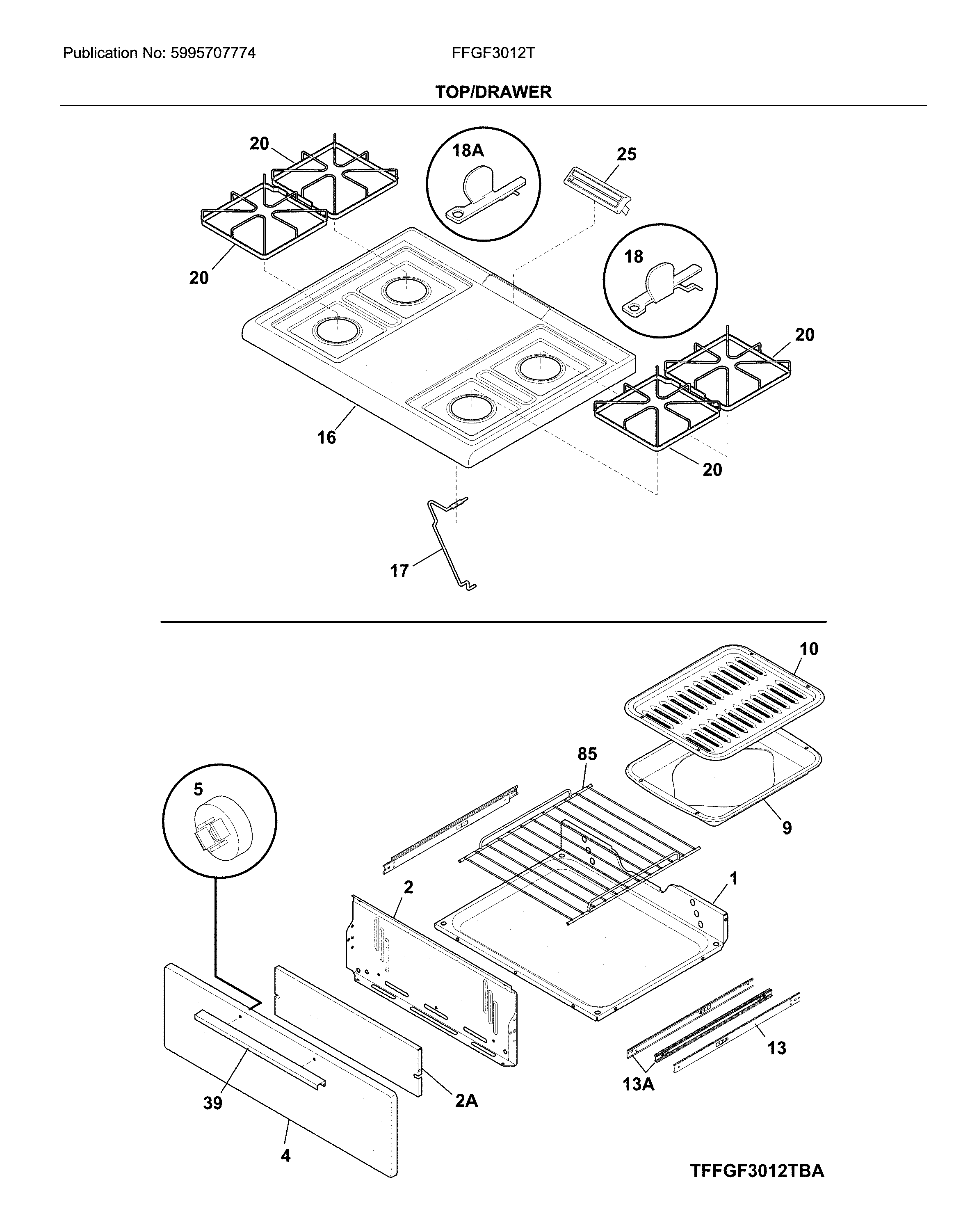 Frigidaire FFGF3012TBA top/drawer diagram