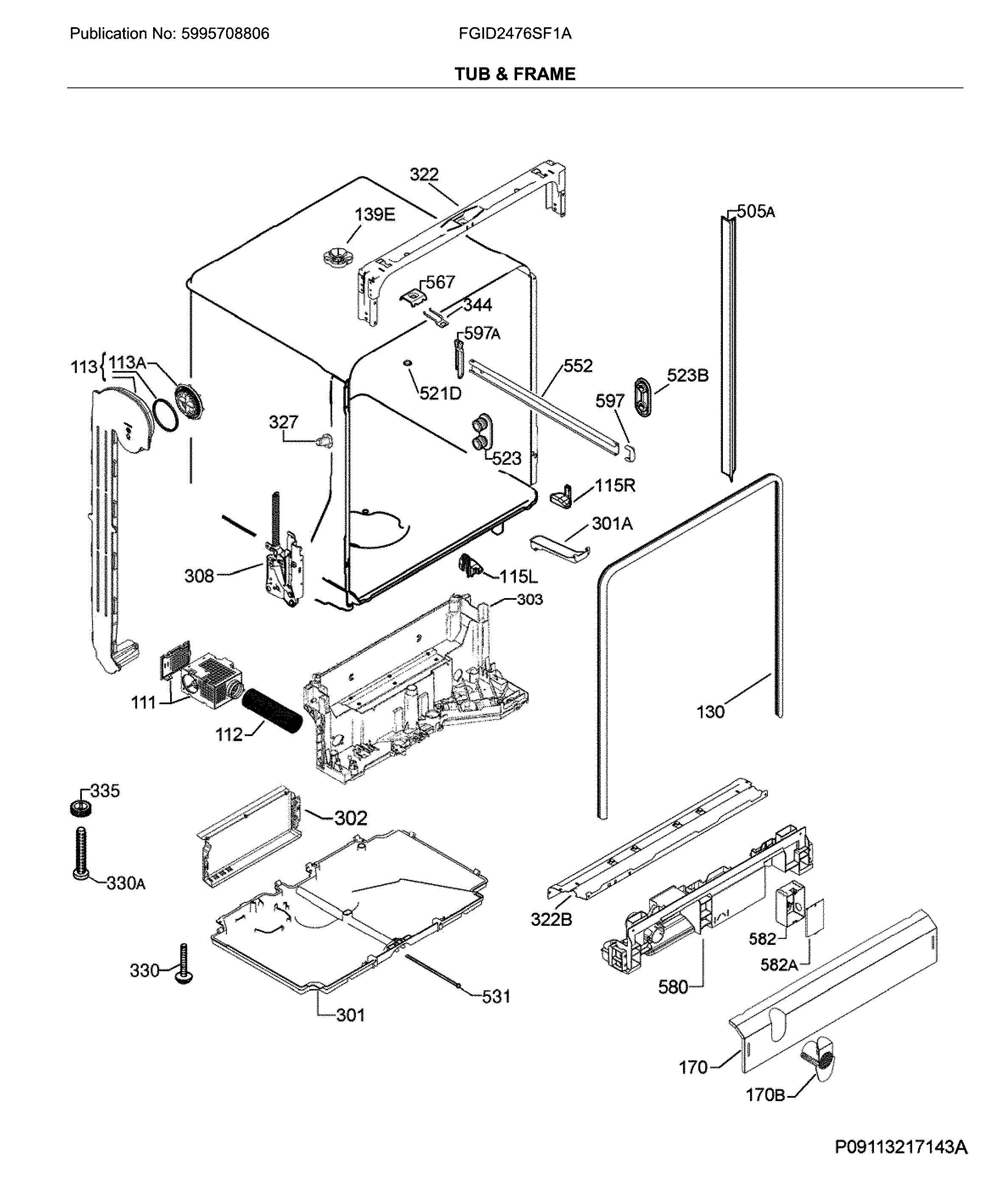 Frigidaire FGID2476SF1A tub & frame diagram