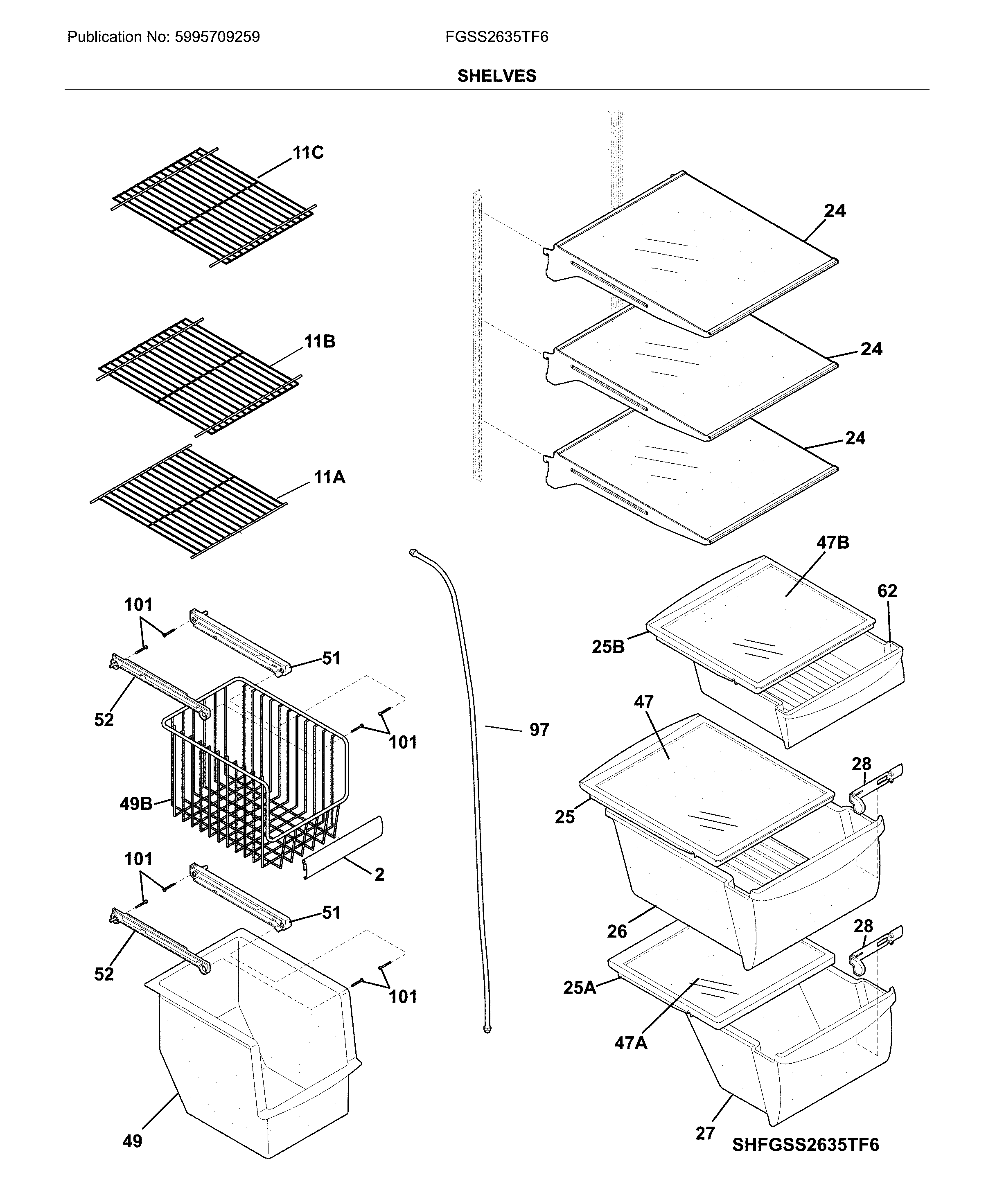 Frigidaire FGSS2635TF6 shelves diagram