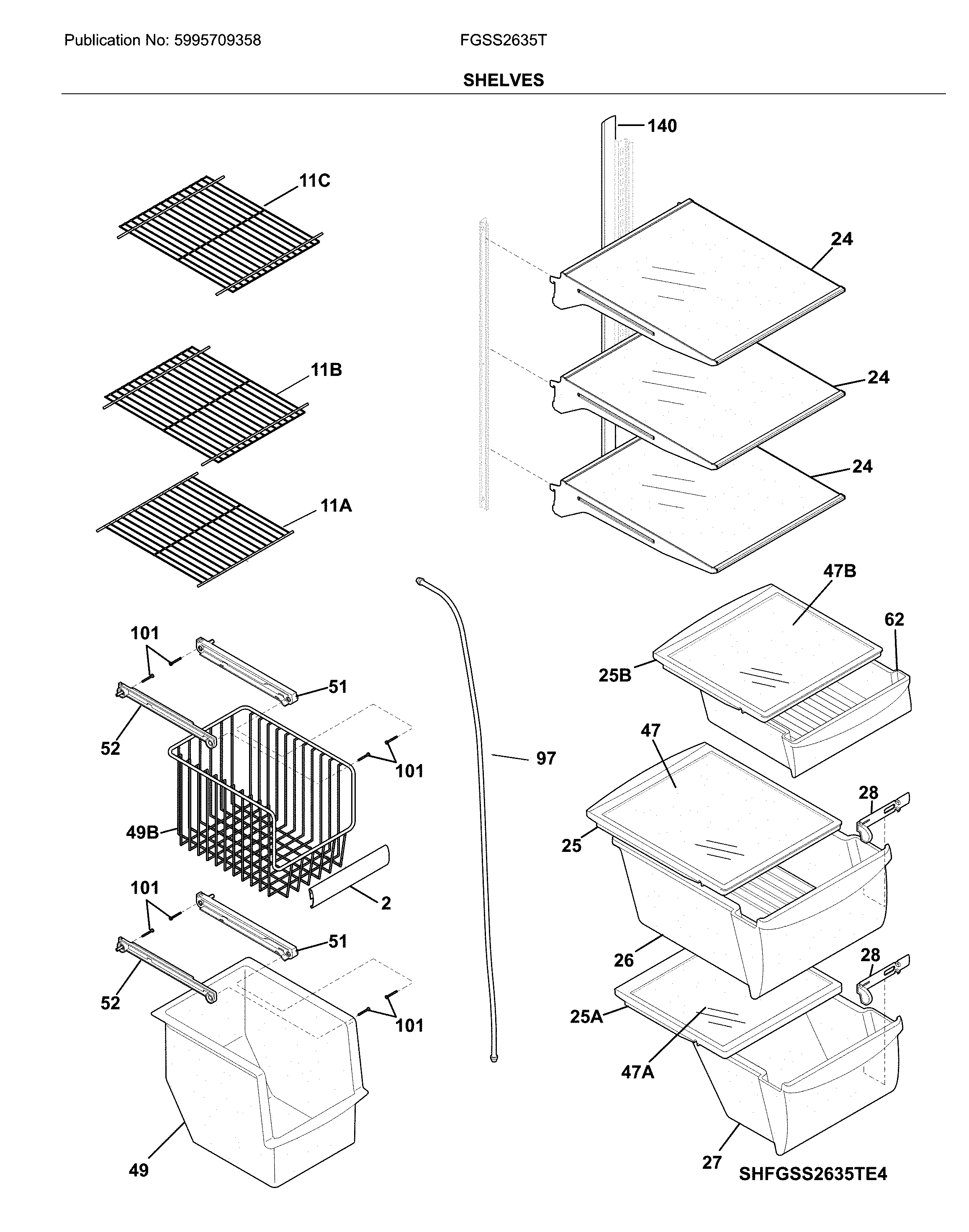 Frigidaire FGSS2635TE4 shelves diagram
