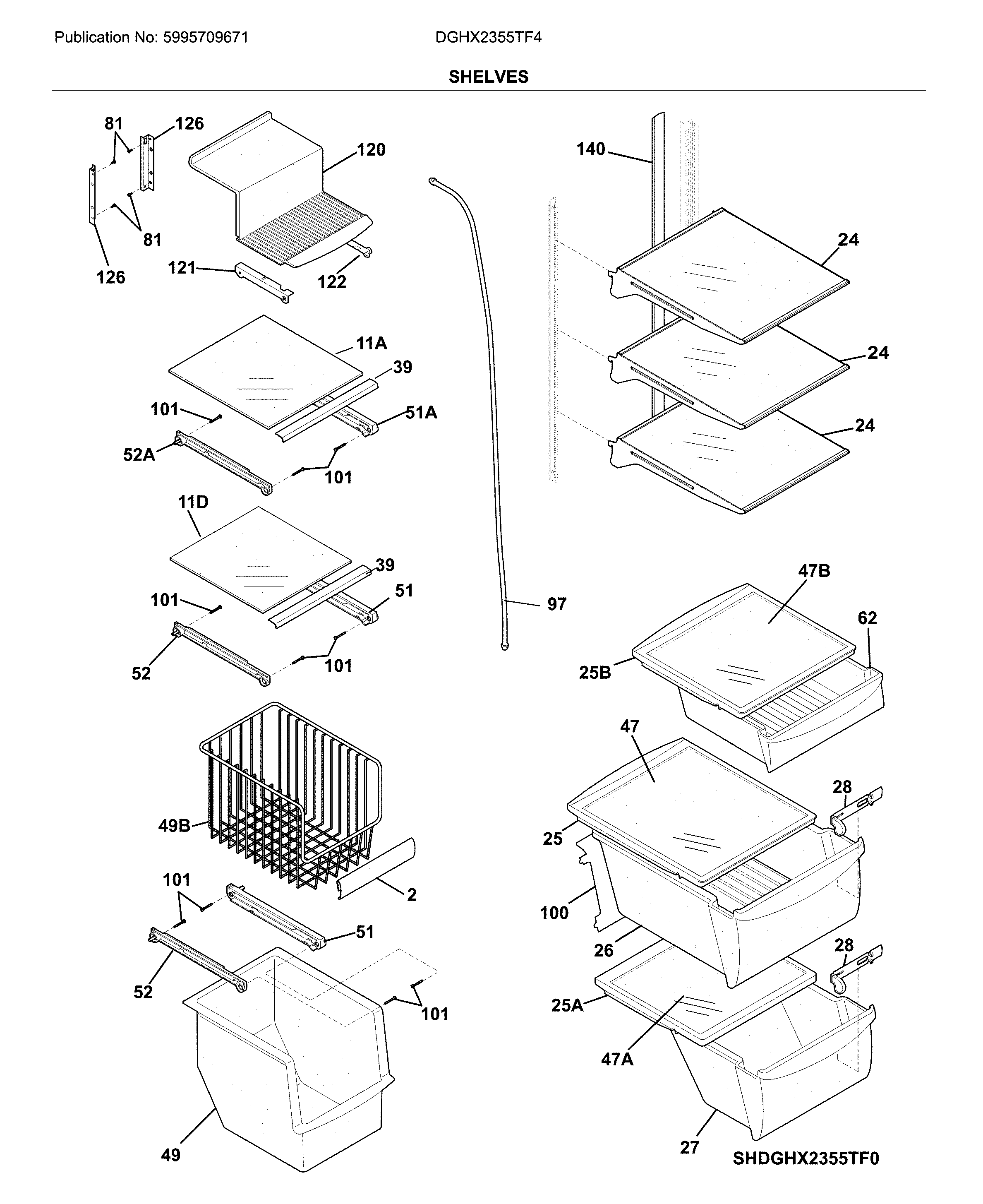 Frigidaire DGHX2355TF4 shelves diagram