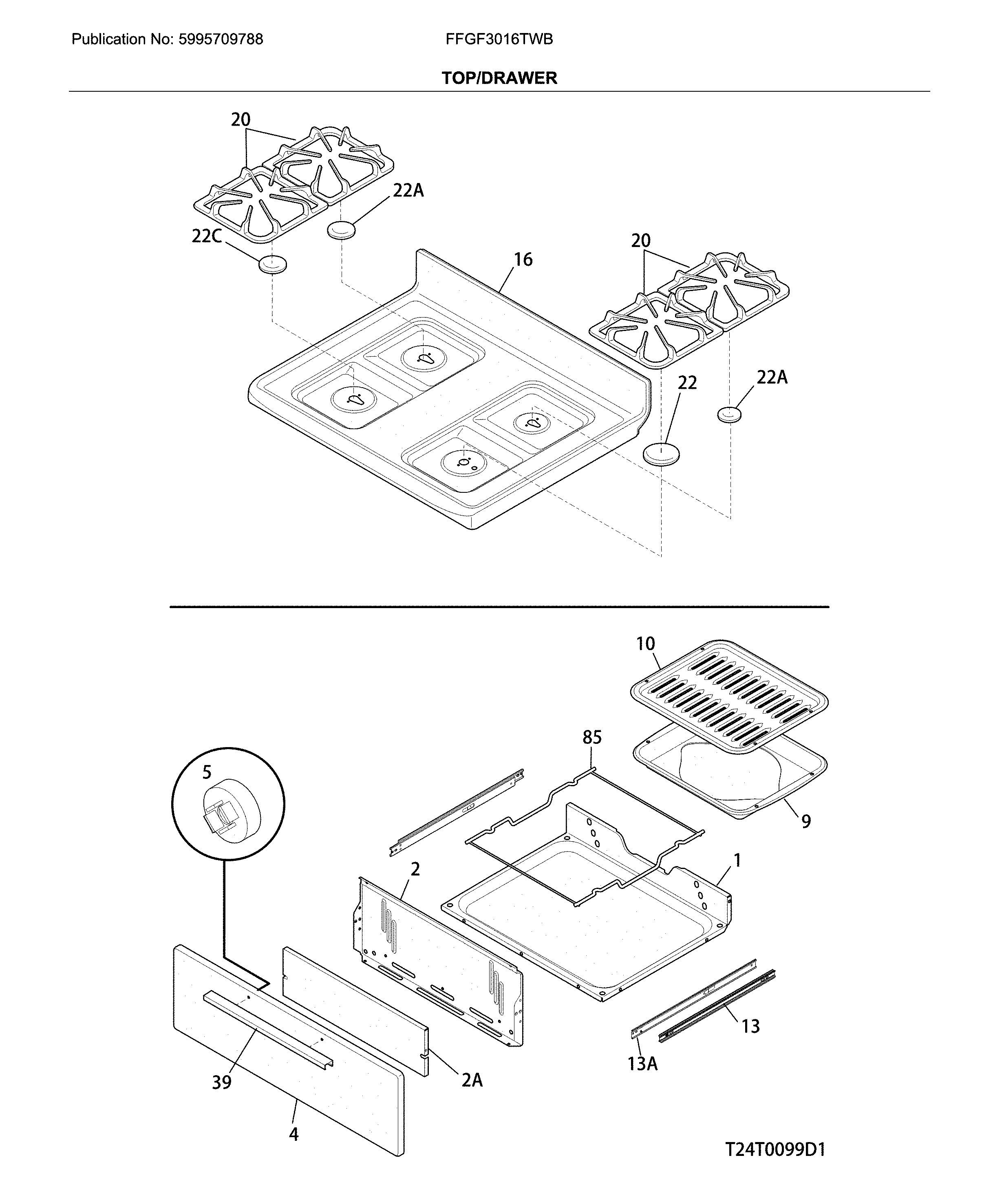 Frigidaire FFGF3016TWB top/drawer diagram
