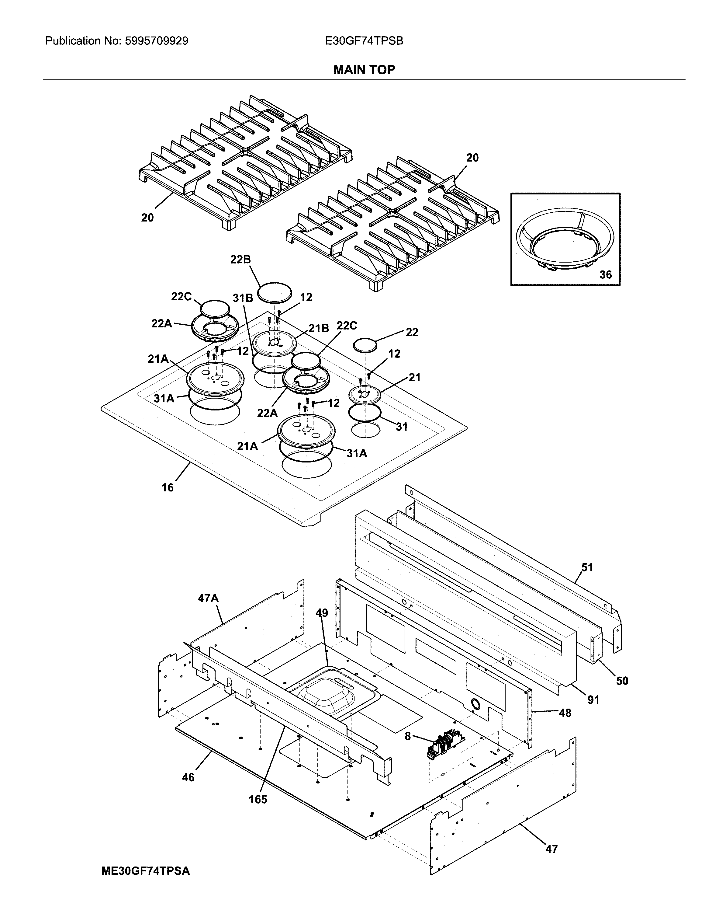 Electrolux E30GF74TPSB main top diagram