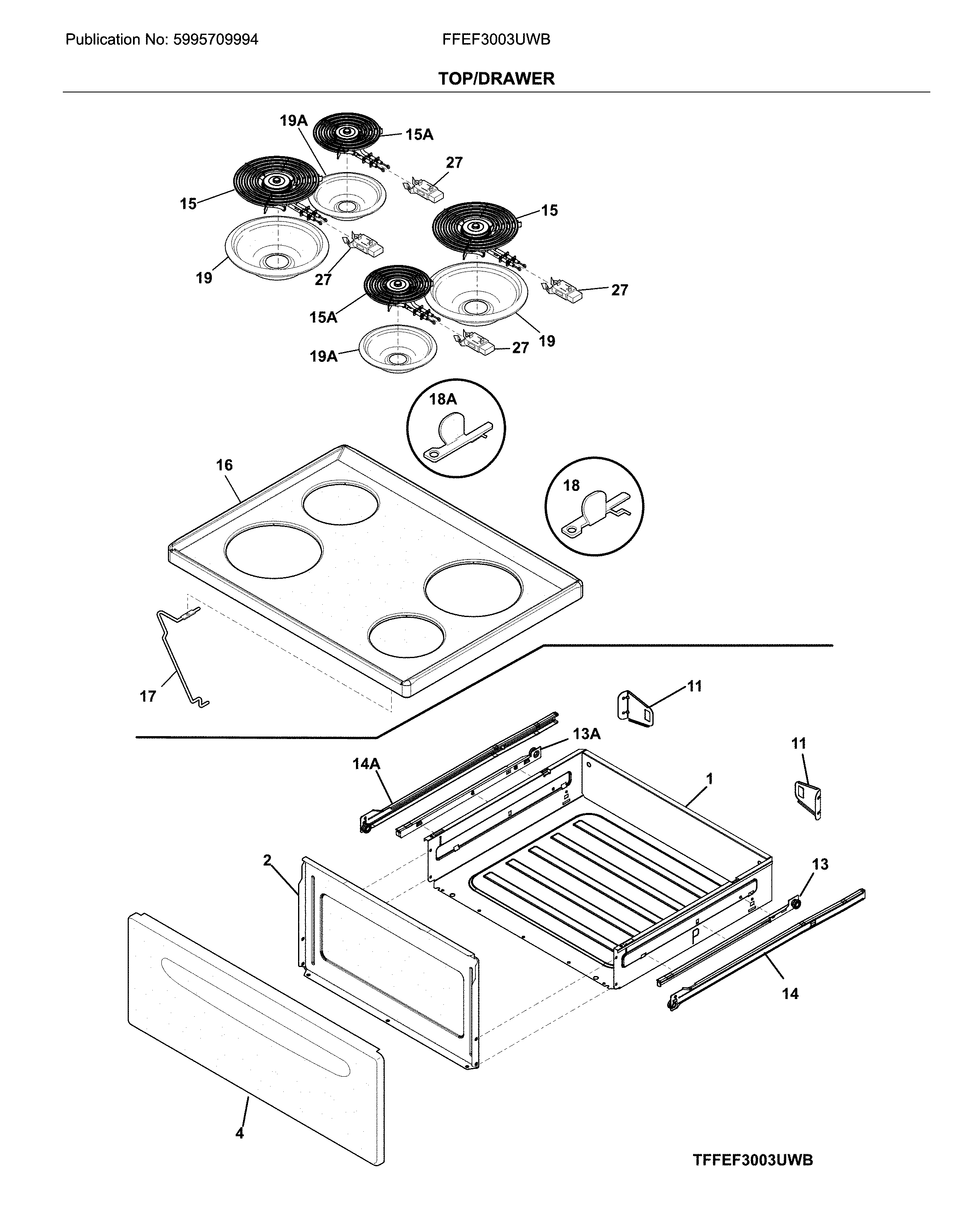 Frigidaire FFEF3003UWB top/drawer diagram