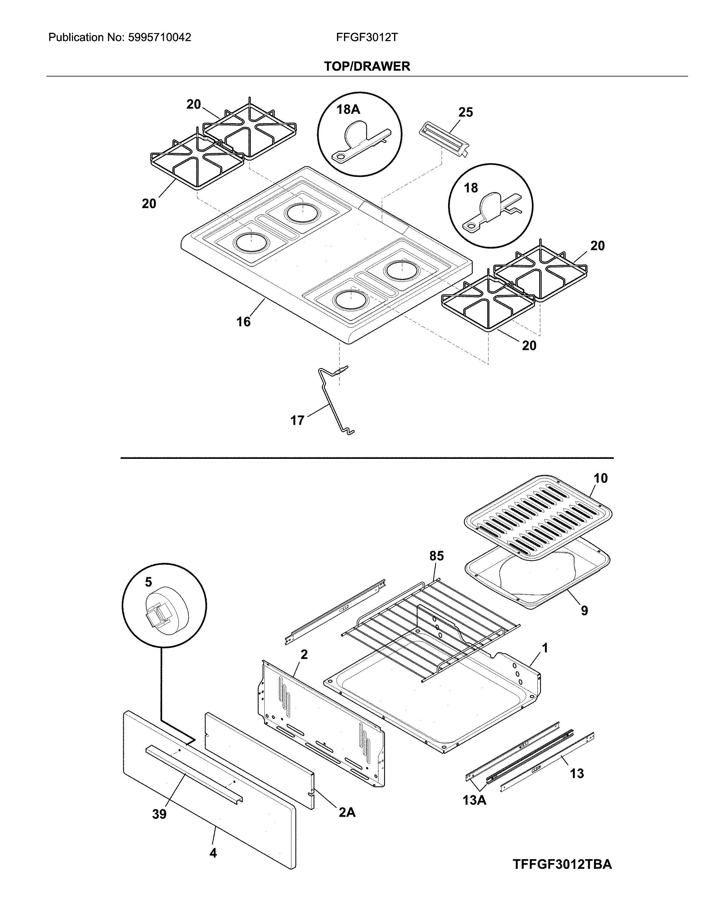 Frigidaire FFGF3012TWC top/drawer diagram