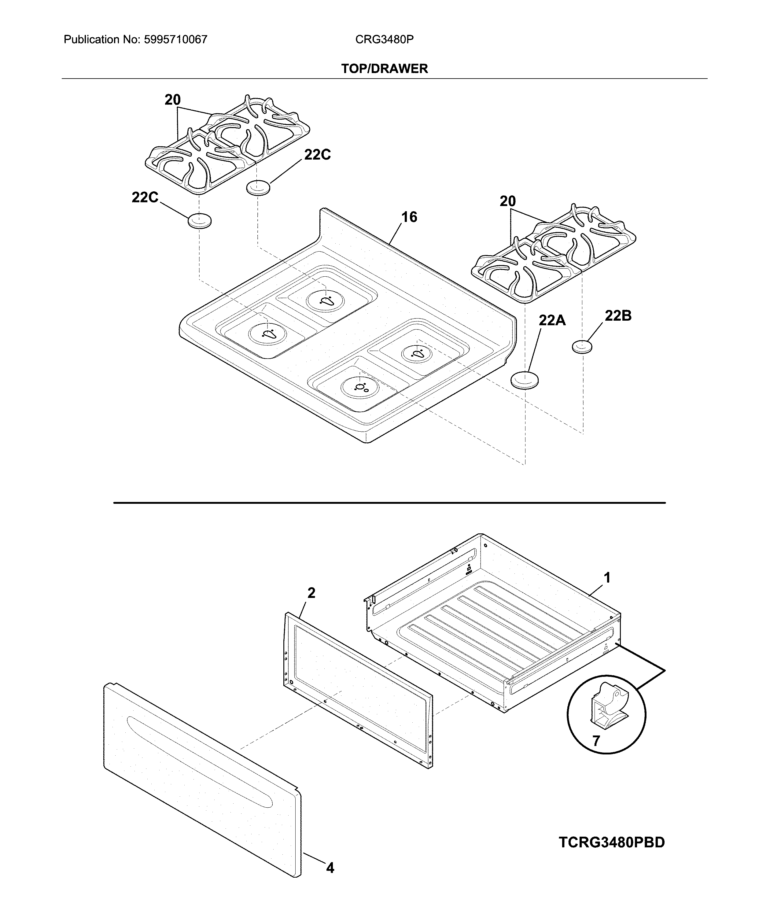 Crosley CRG3480PBD top/drawer diagram