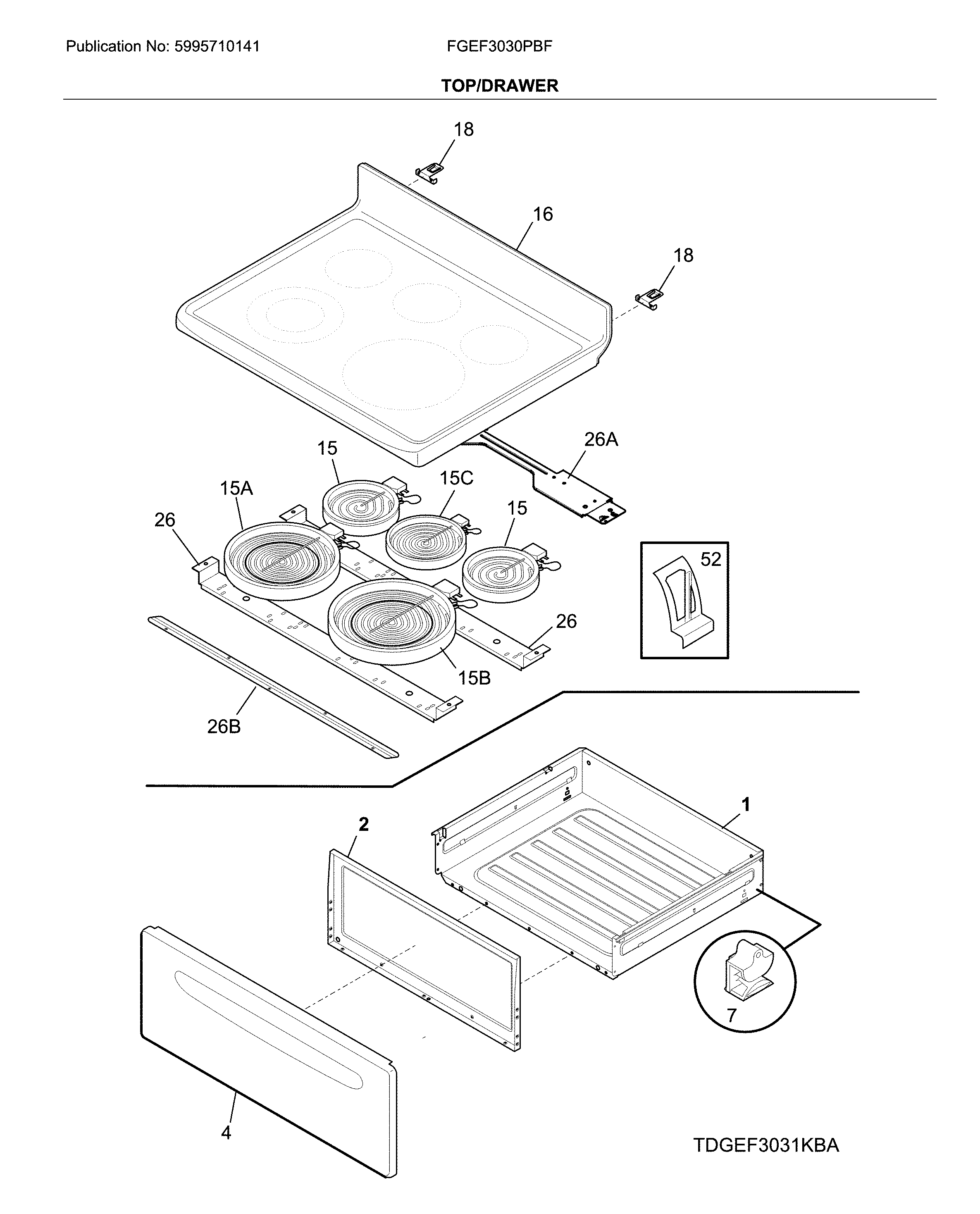 Frigidaire FGEF3030PBF top/drawer diagram
