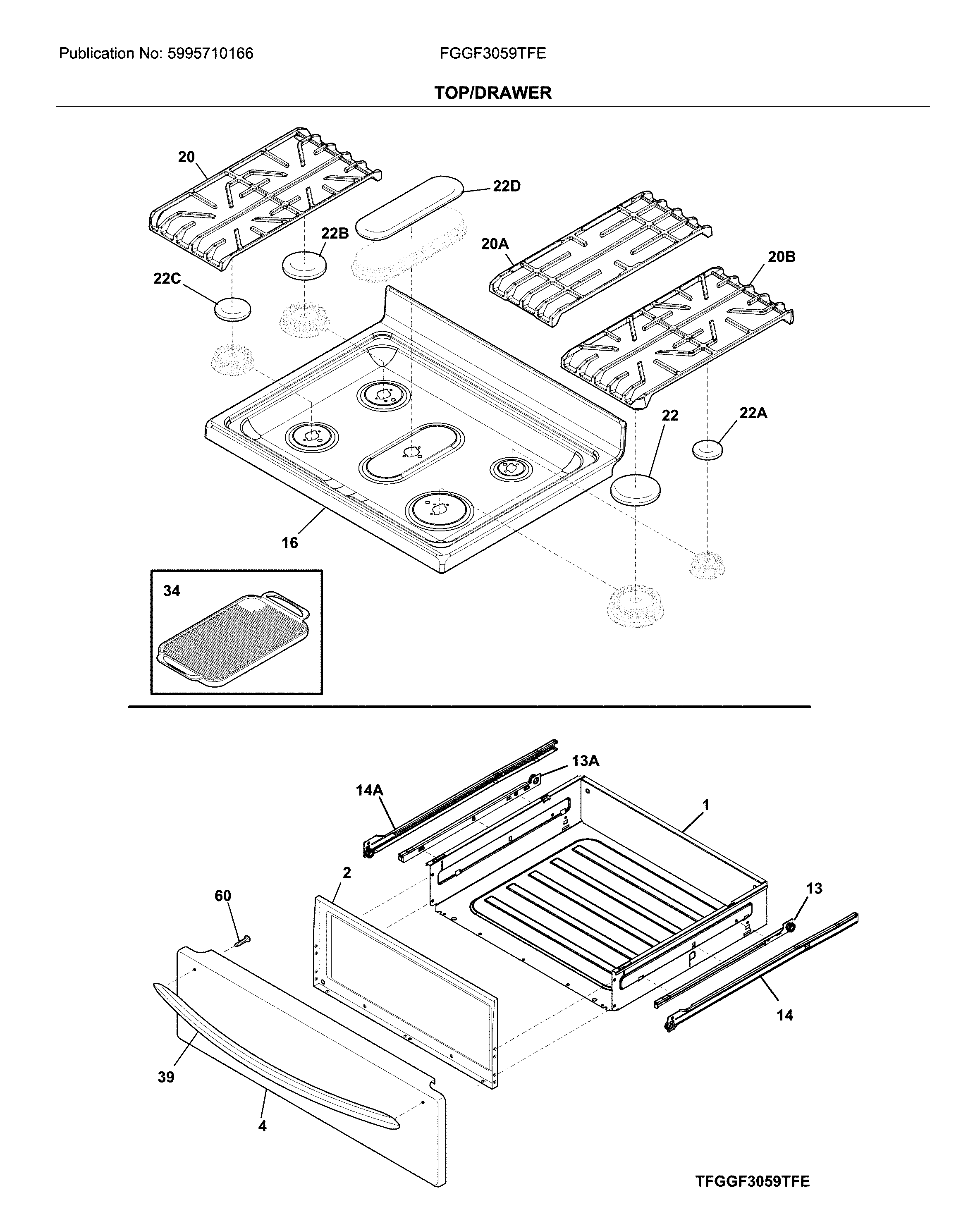 Frigidaire FGGF3059TFE top/drawer diagram
