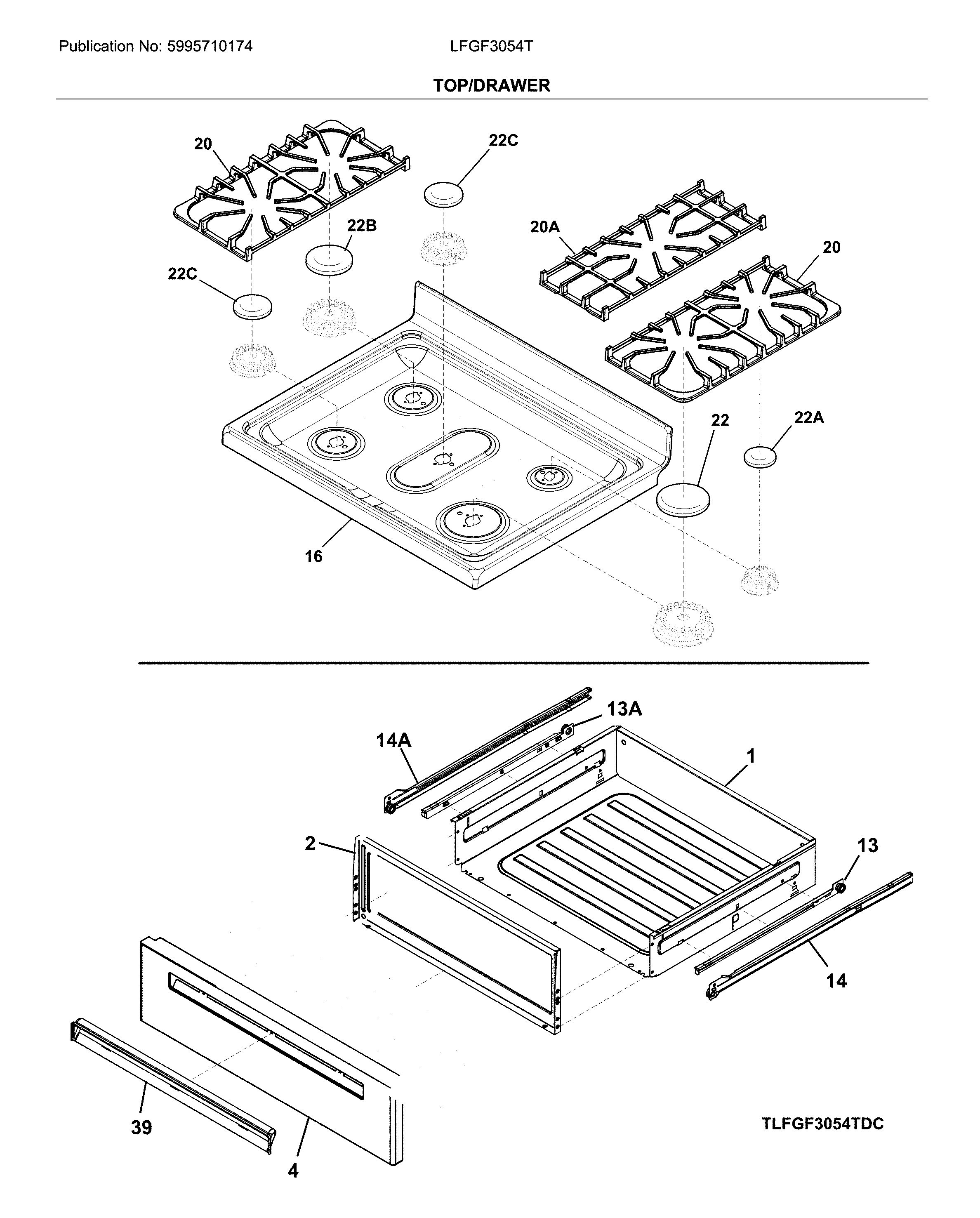 Frigidaire LFGF3054TFC top/drawer diagram
