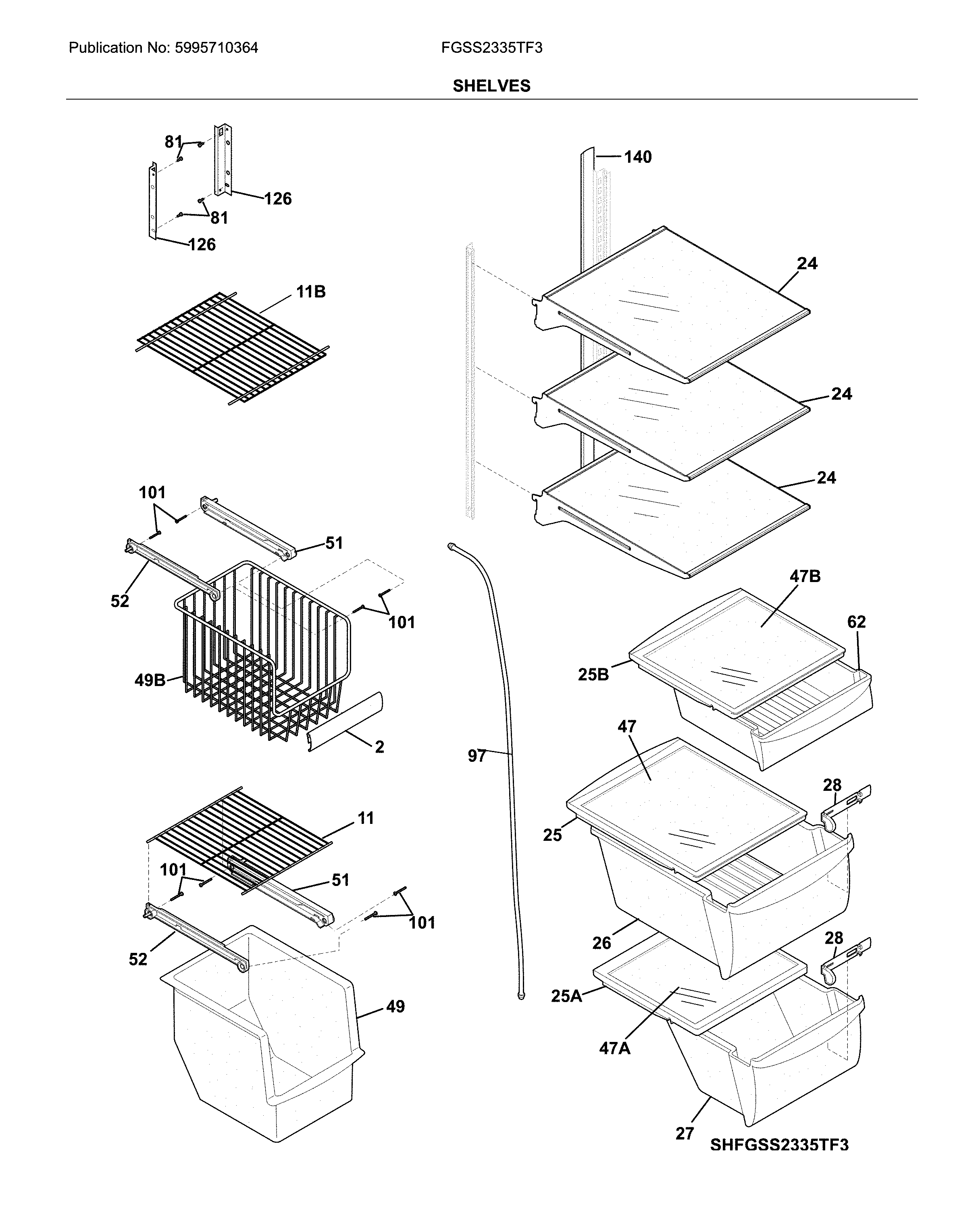 Frigidaire FGSS2335TF3 shelves diagram