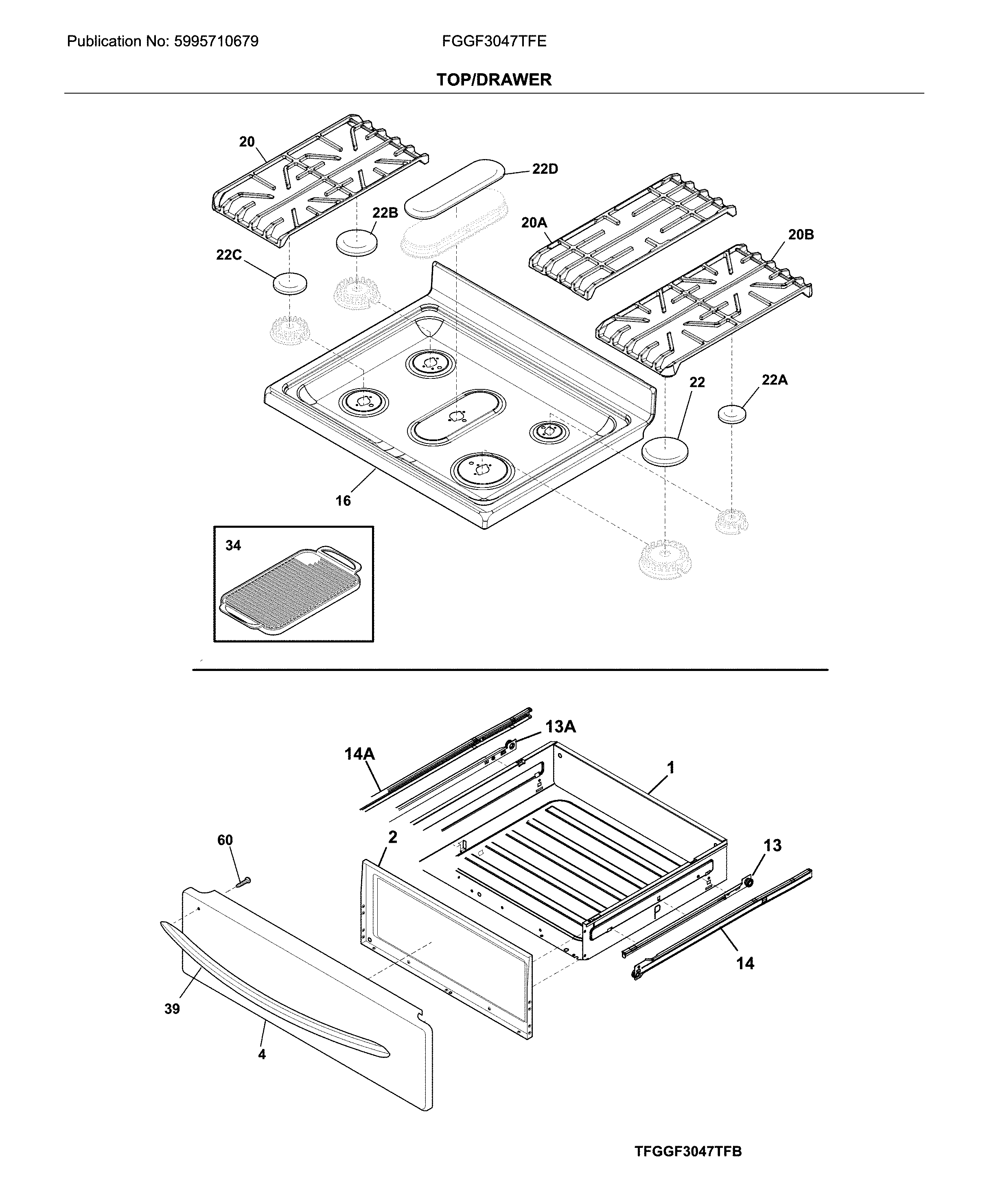 Frigidaire FGGF3047TFE top/drawer diagram