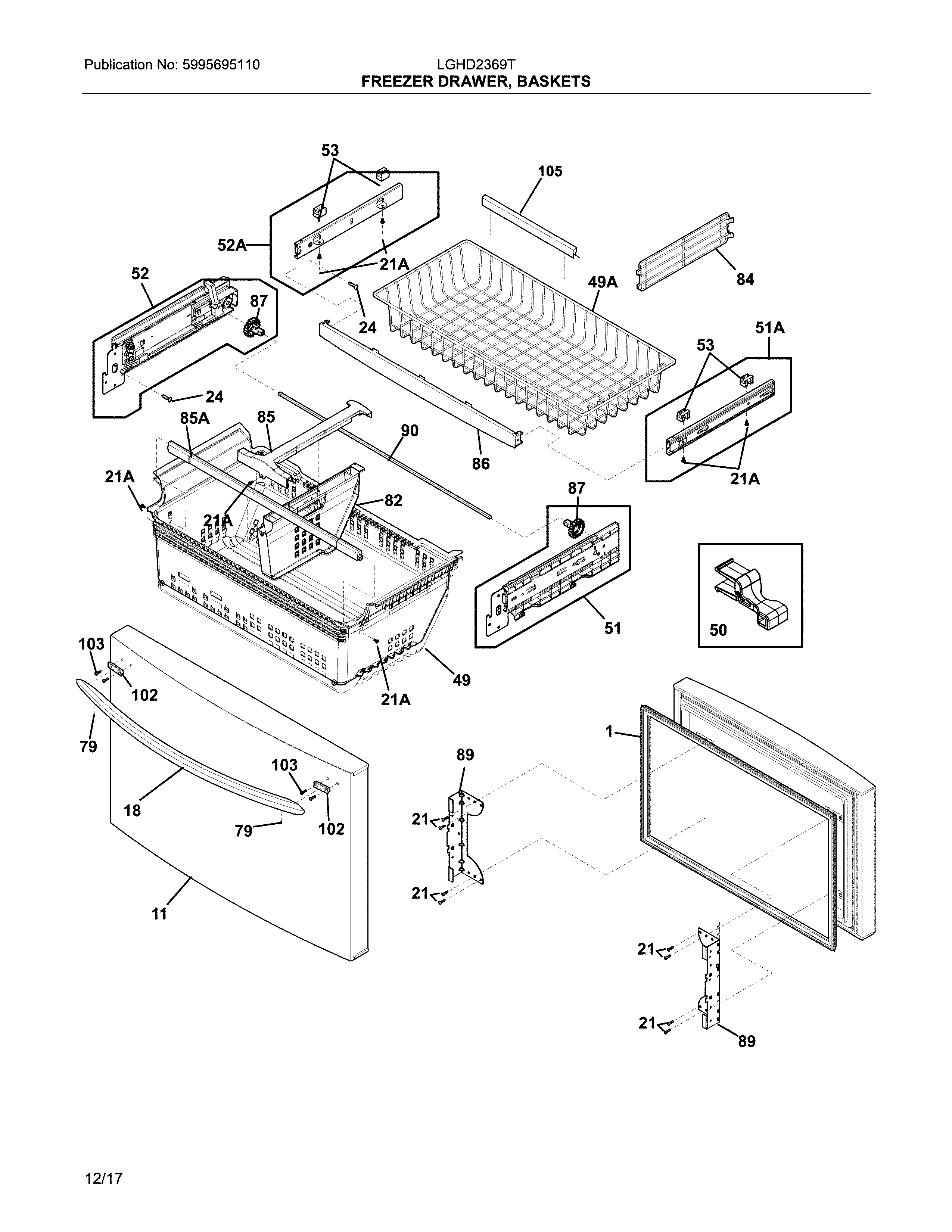 Frigidaire LGHD2369TF2 freezer drawer, baskets diagram