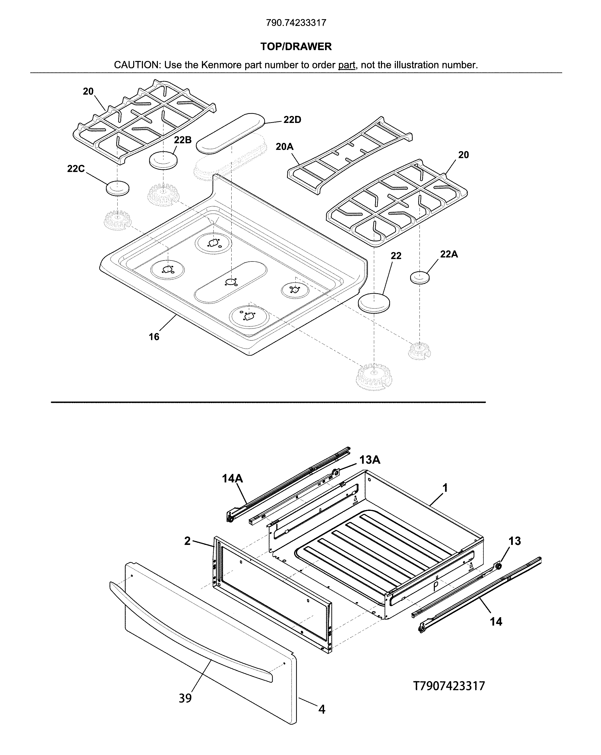 Kenmore 79074233317 top/drawer diagram