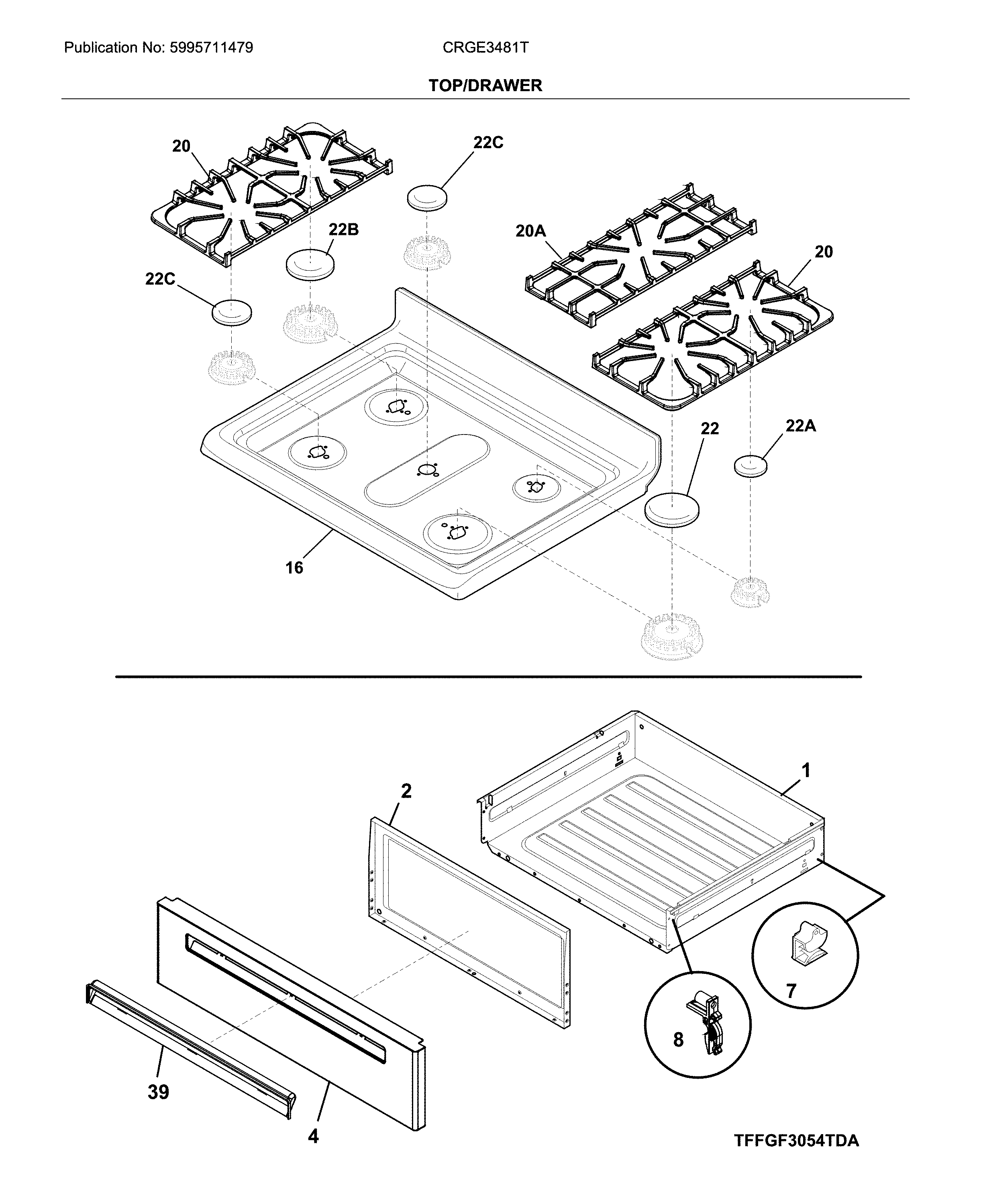 Crosley CRGE3481TSA top/drawer diagram