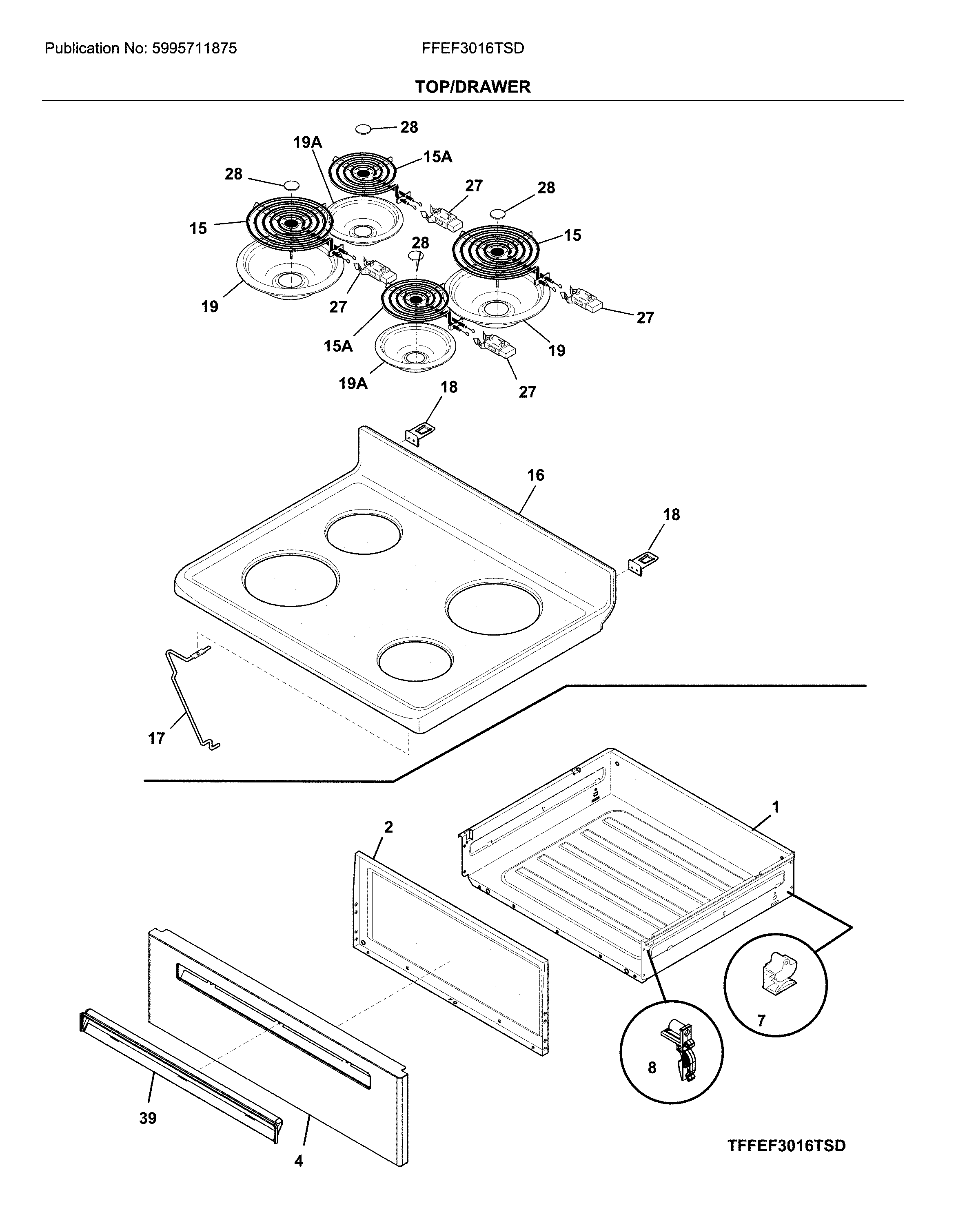 Frigidaire FFEF3016TSD top/drawer diagram