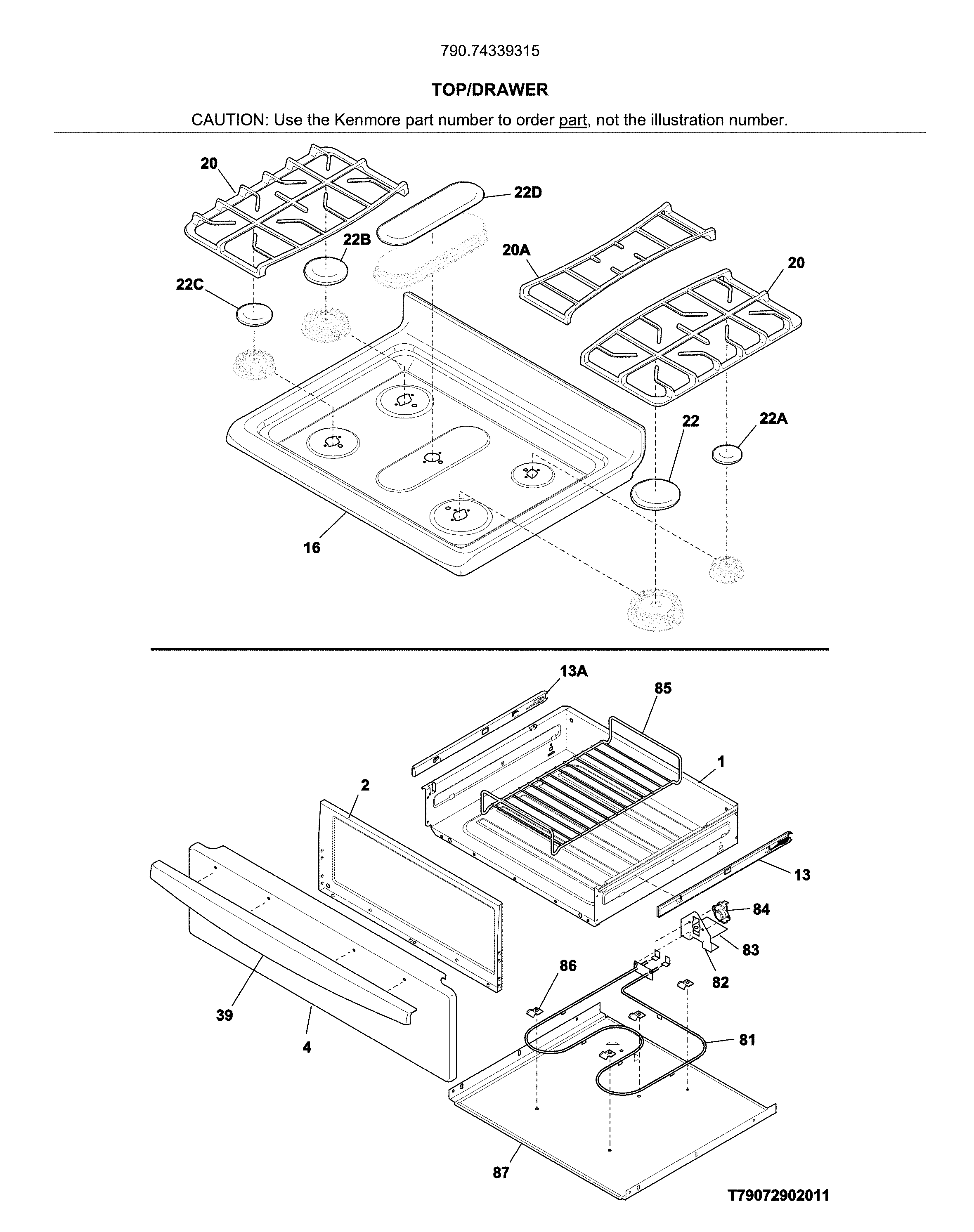 Kenmore 79074339315 top/drawer diagram