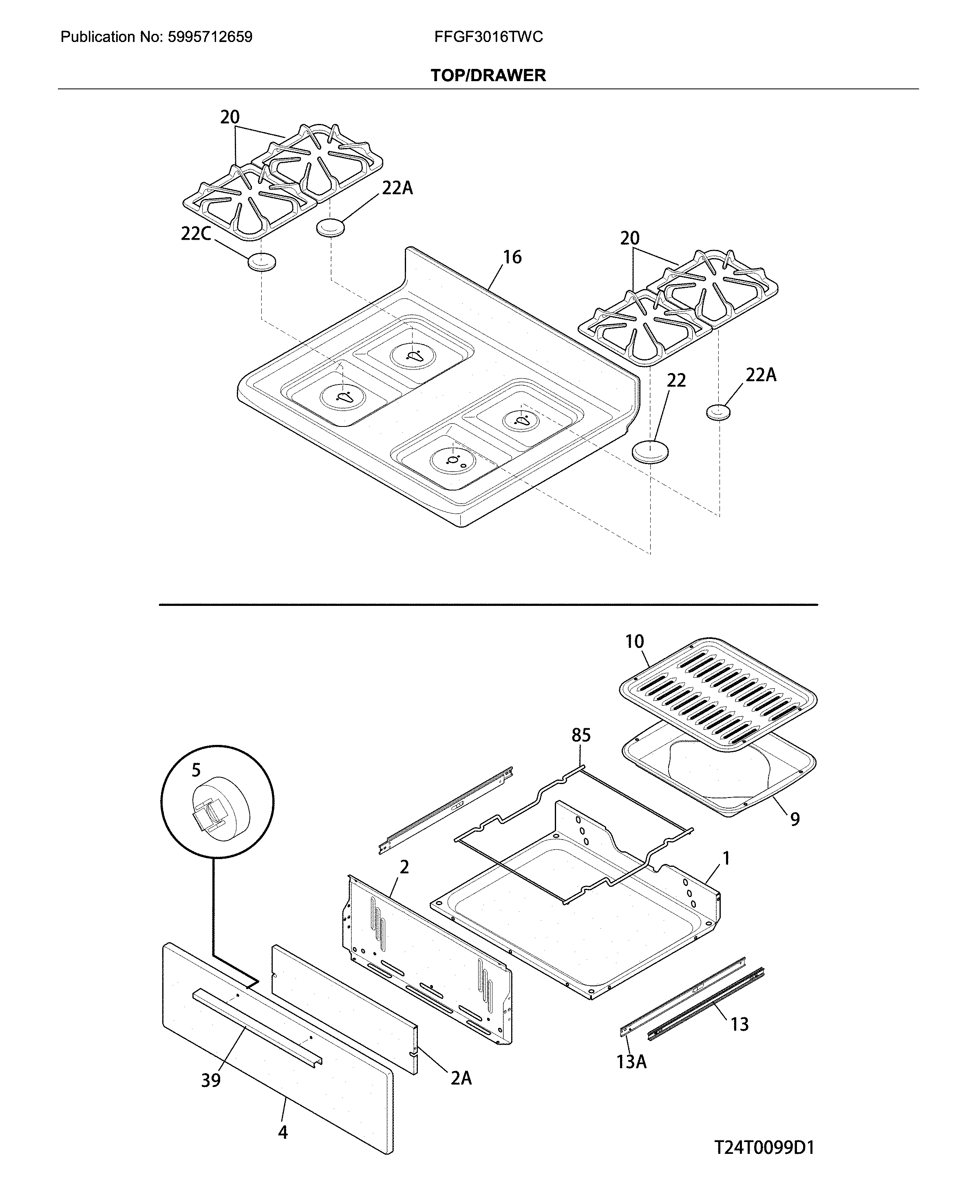 Frigidaire FFGF3016TWC top/drawer diagram
