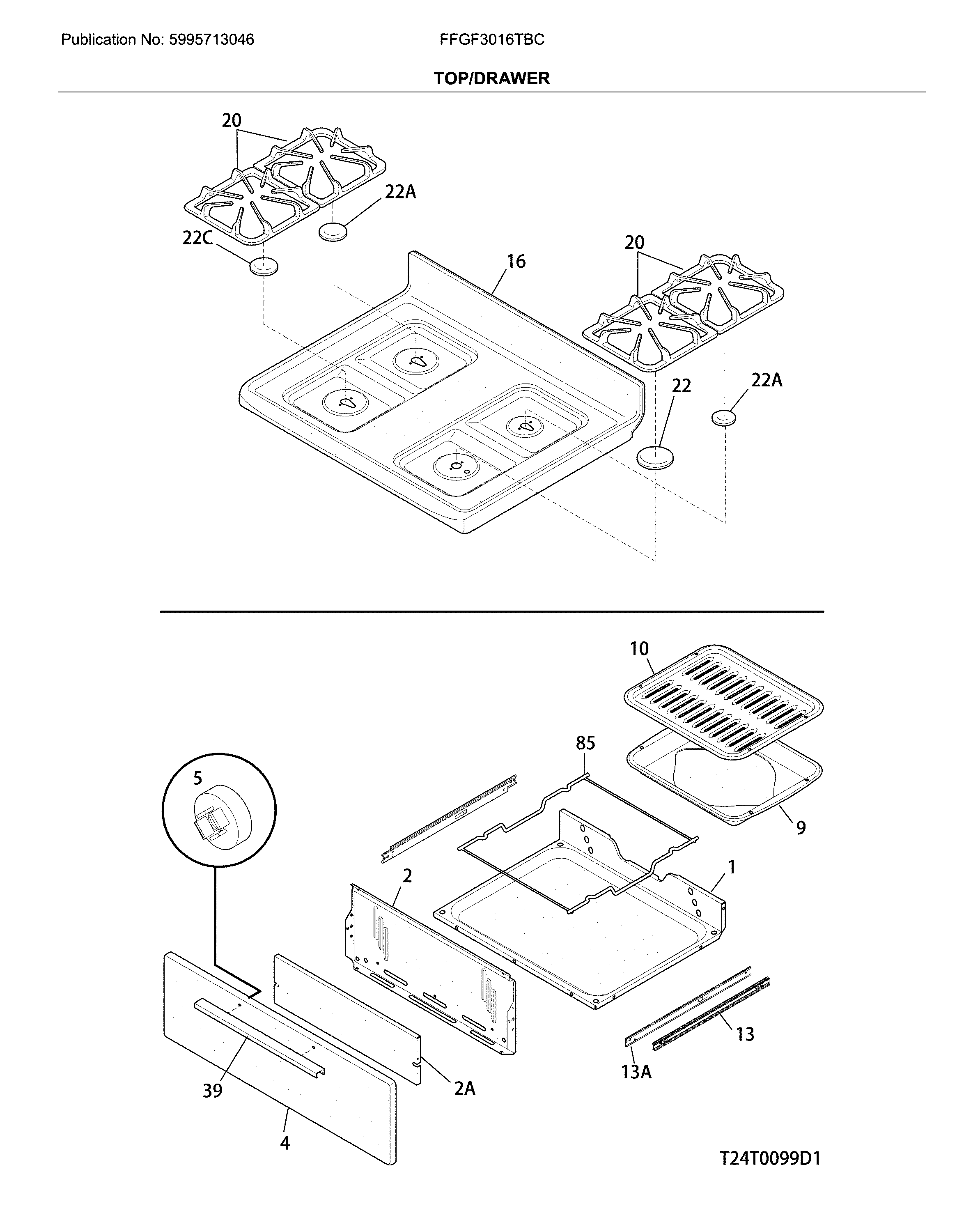 Frigidaire FFGF3016TBC top/drawer diagram