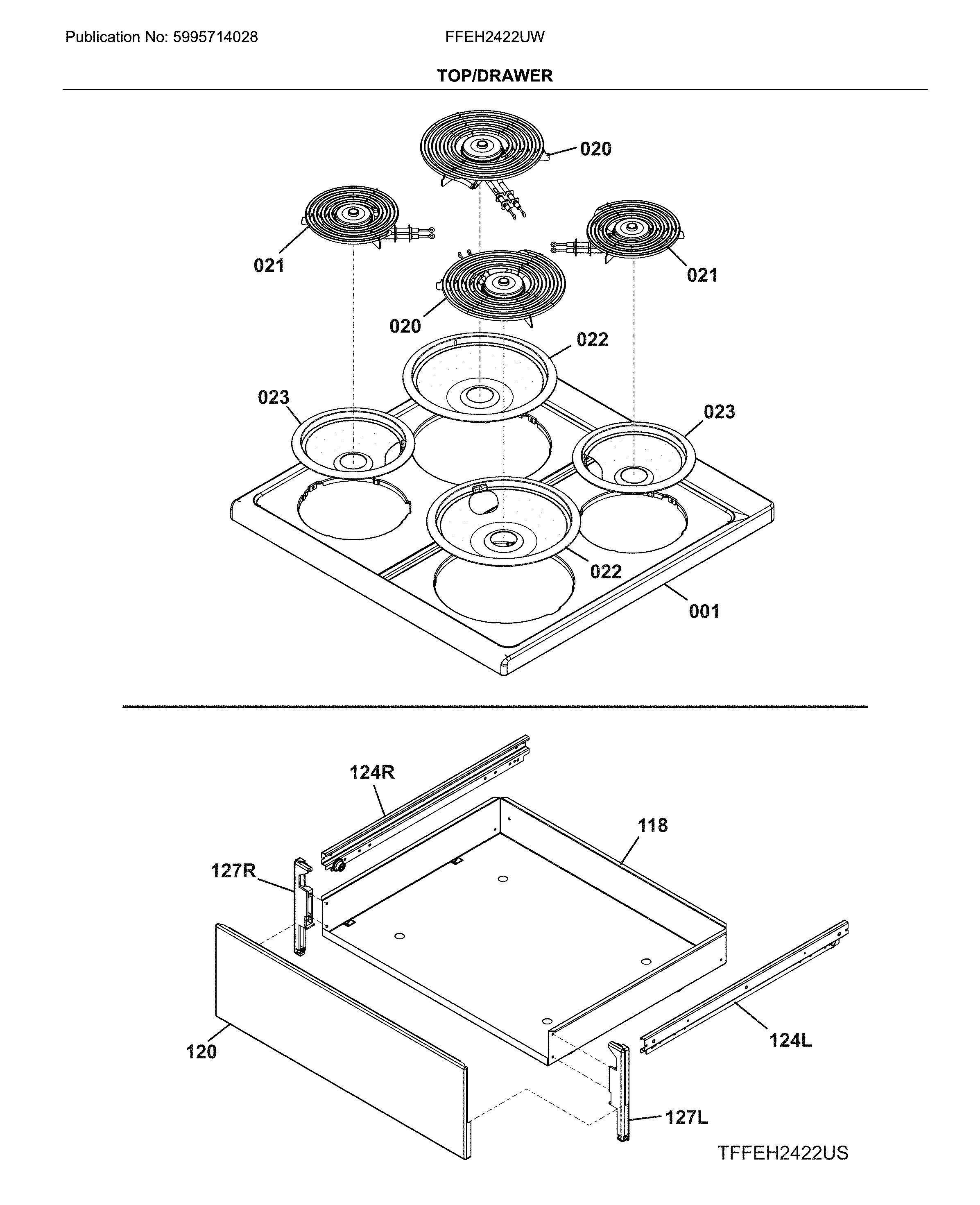 Frigidaire FFEH2422UW top/drawer diagram