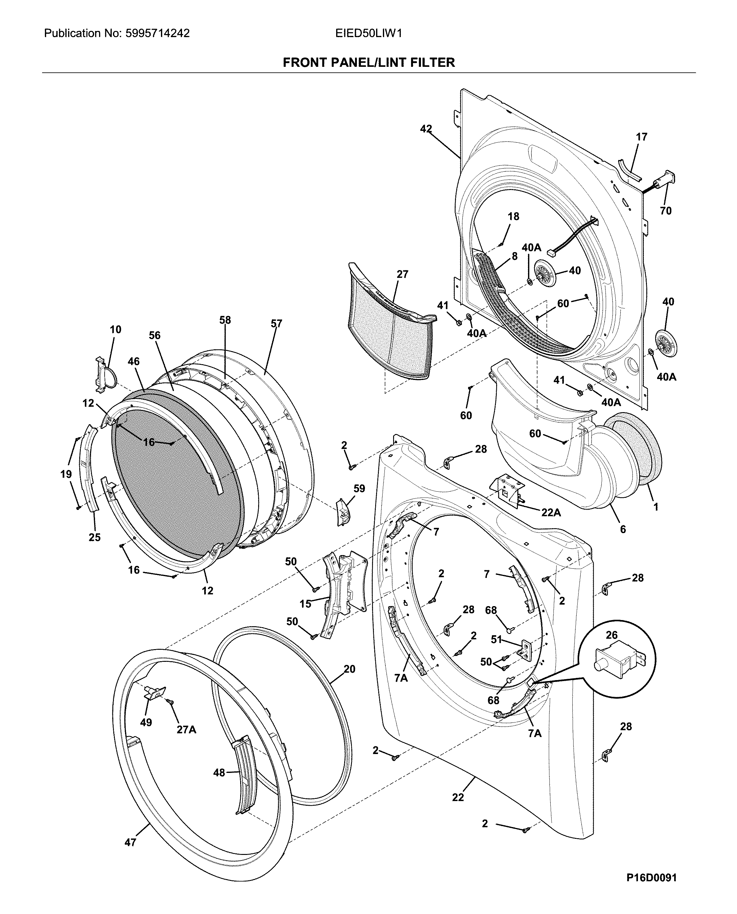 Electrolux EIED50LIW1 front panel/lint filter diagram