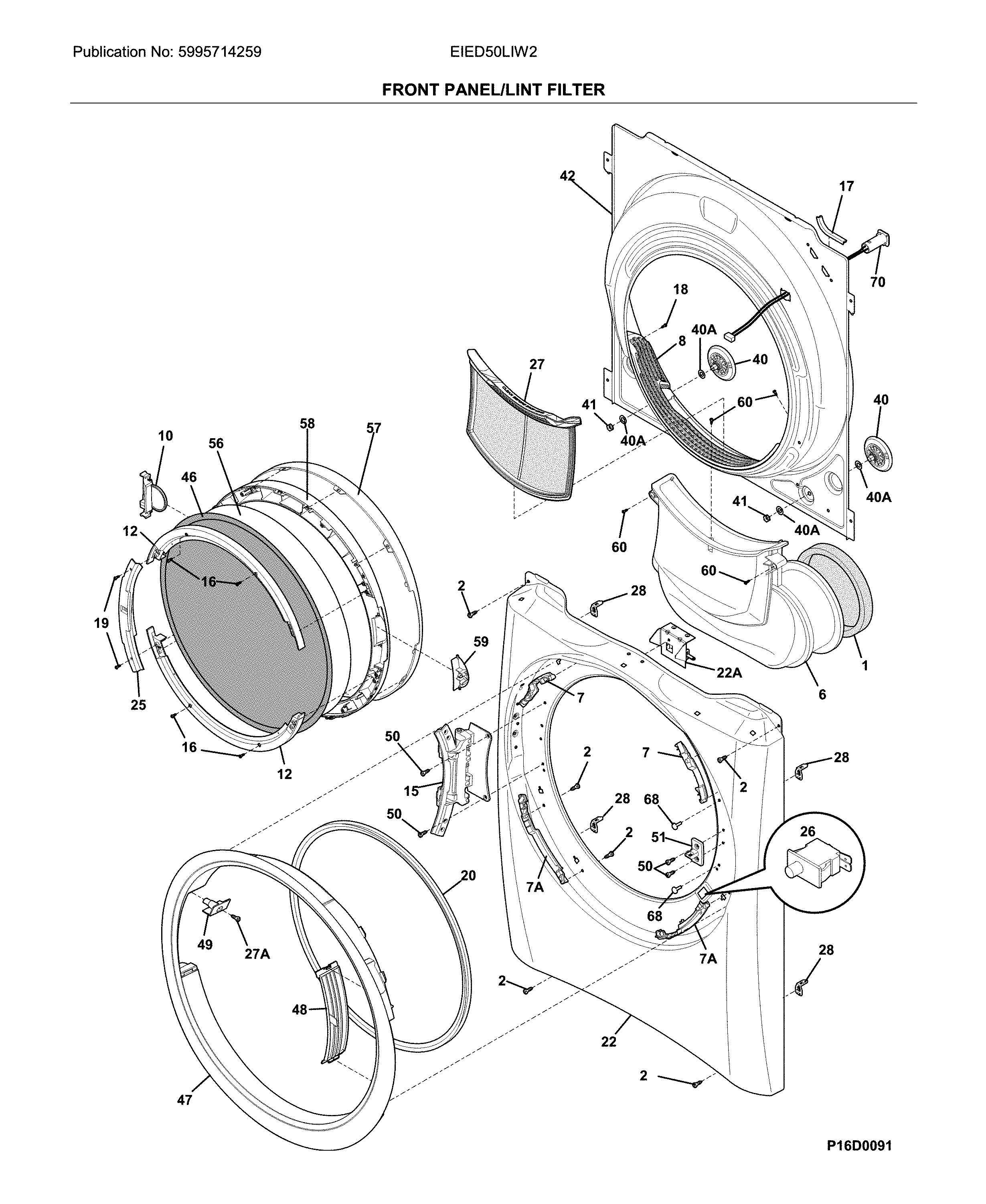 Electrolux EIED50LIW2 front panel/lint filter diagram