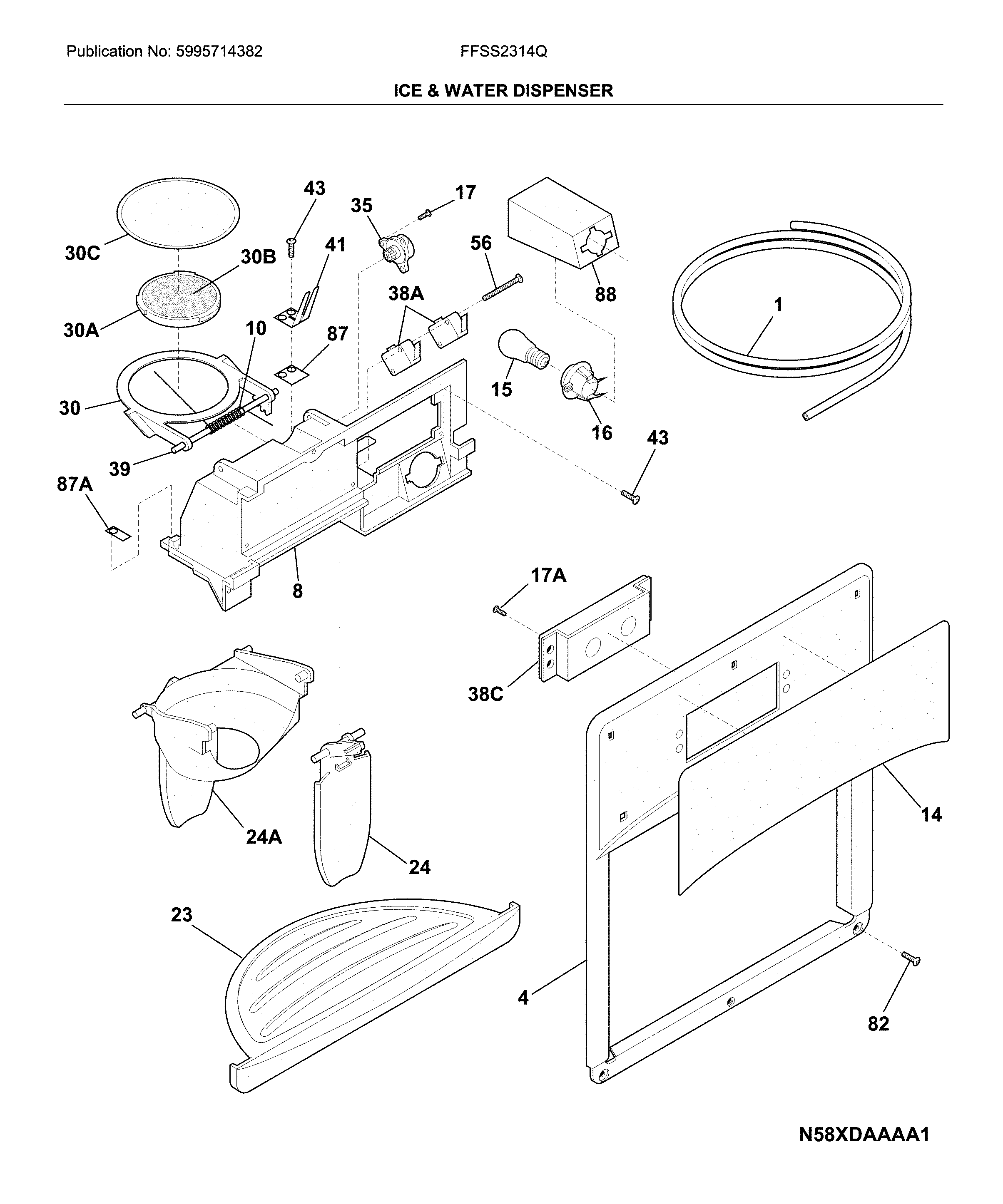 Frigidaire FFSS2314QE0 ice & water dispenser diagram
