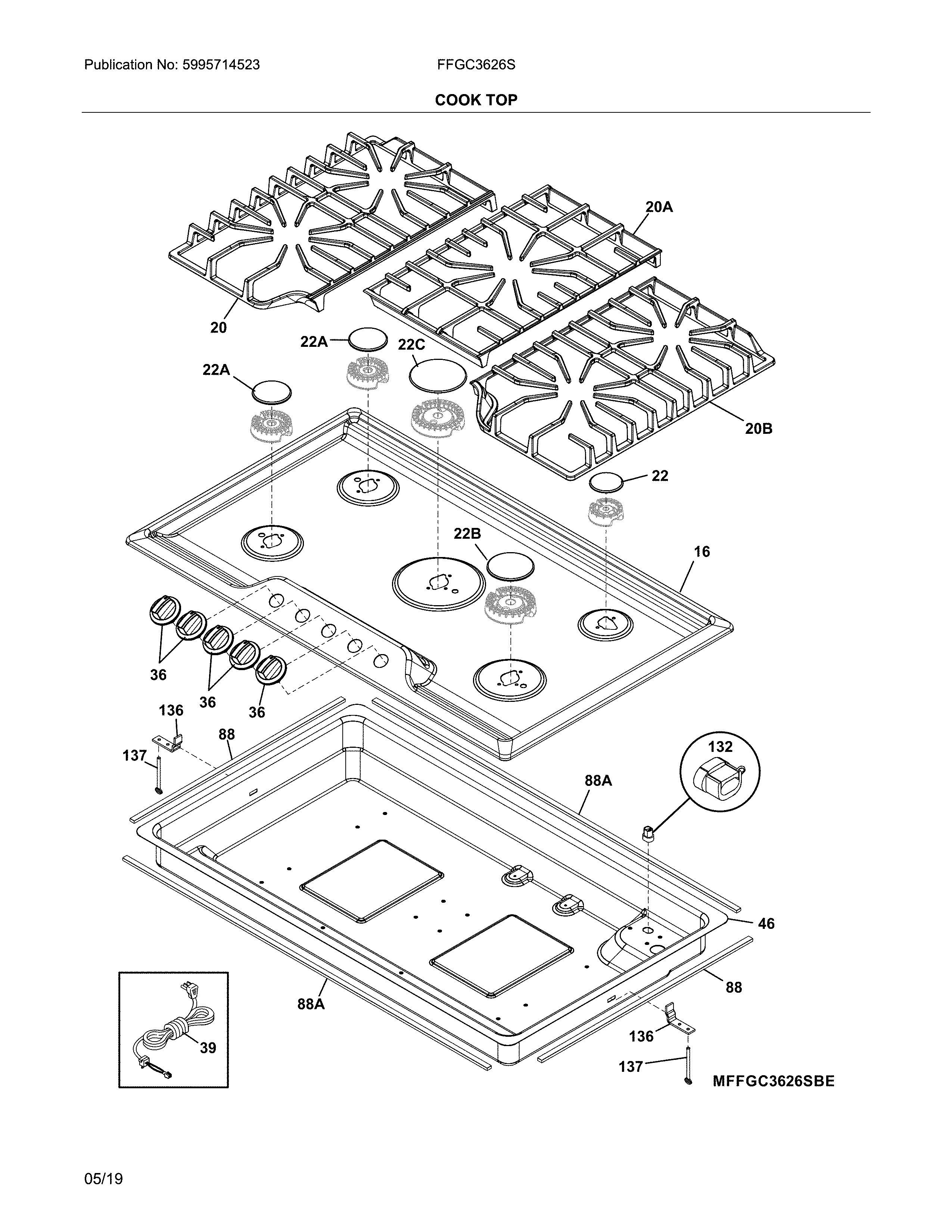 Frigidaire FFGC3626SBE cook top diagram