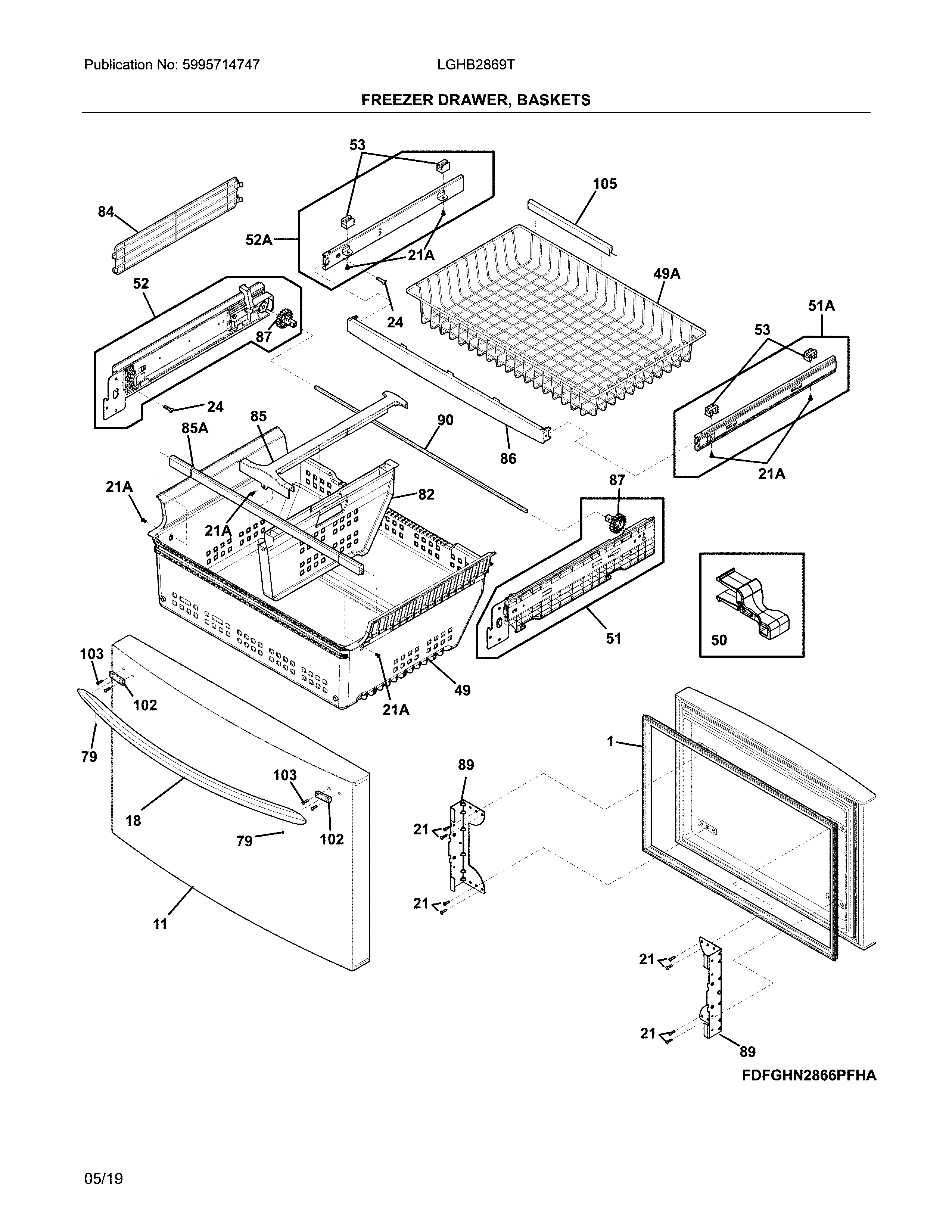 Frigidaire LGHB2869TF1 freezer drawer, baskets diagram