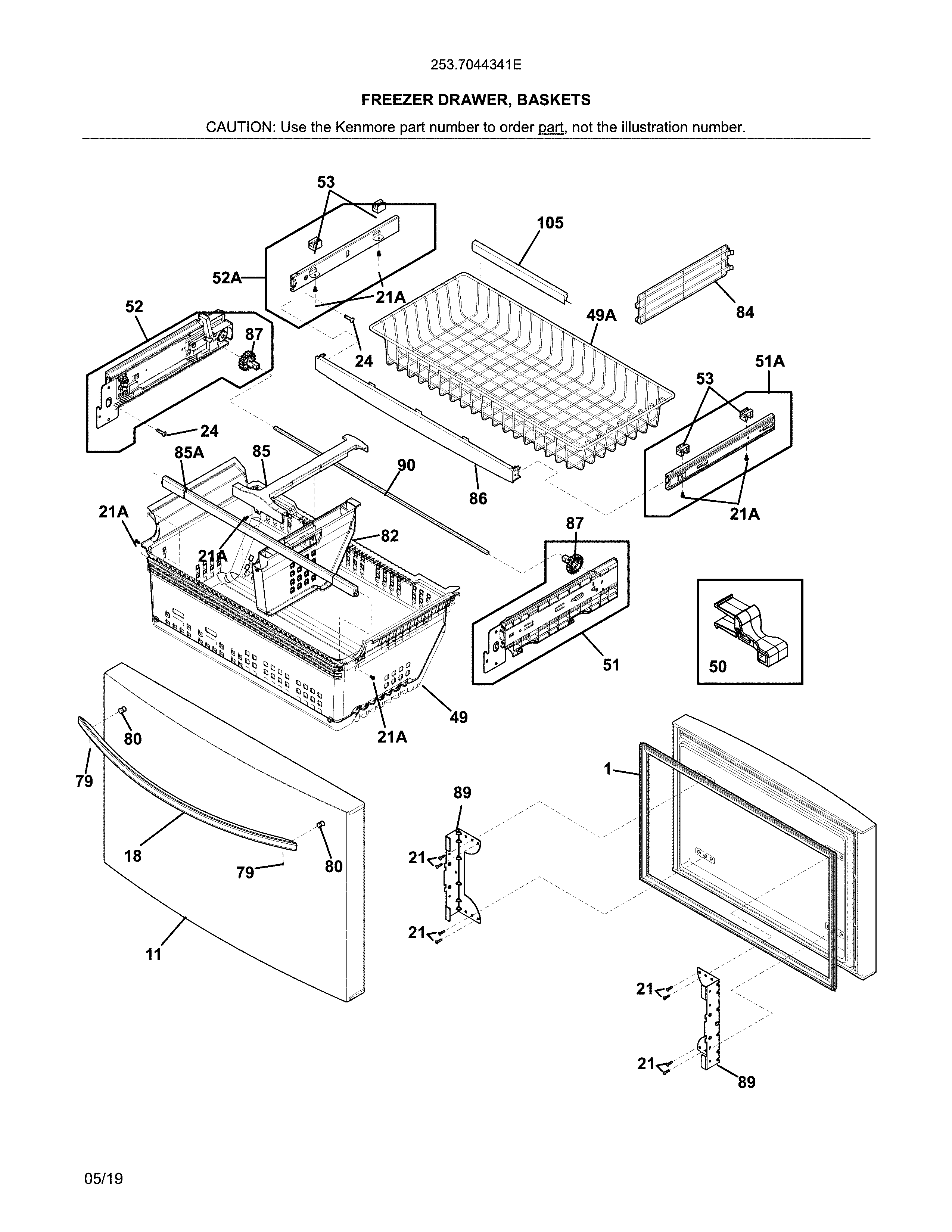 Kenmore 2537044341E freezer drawer, baskets diagram